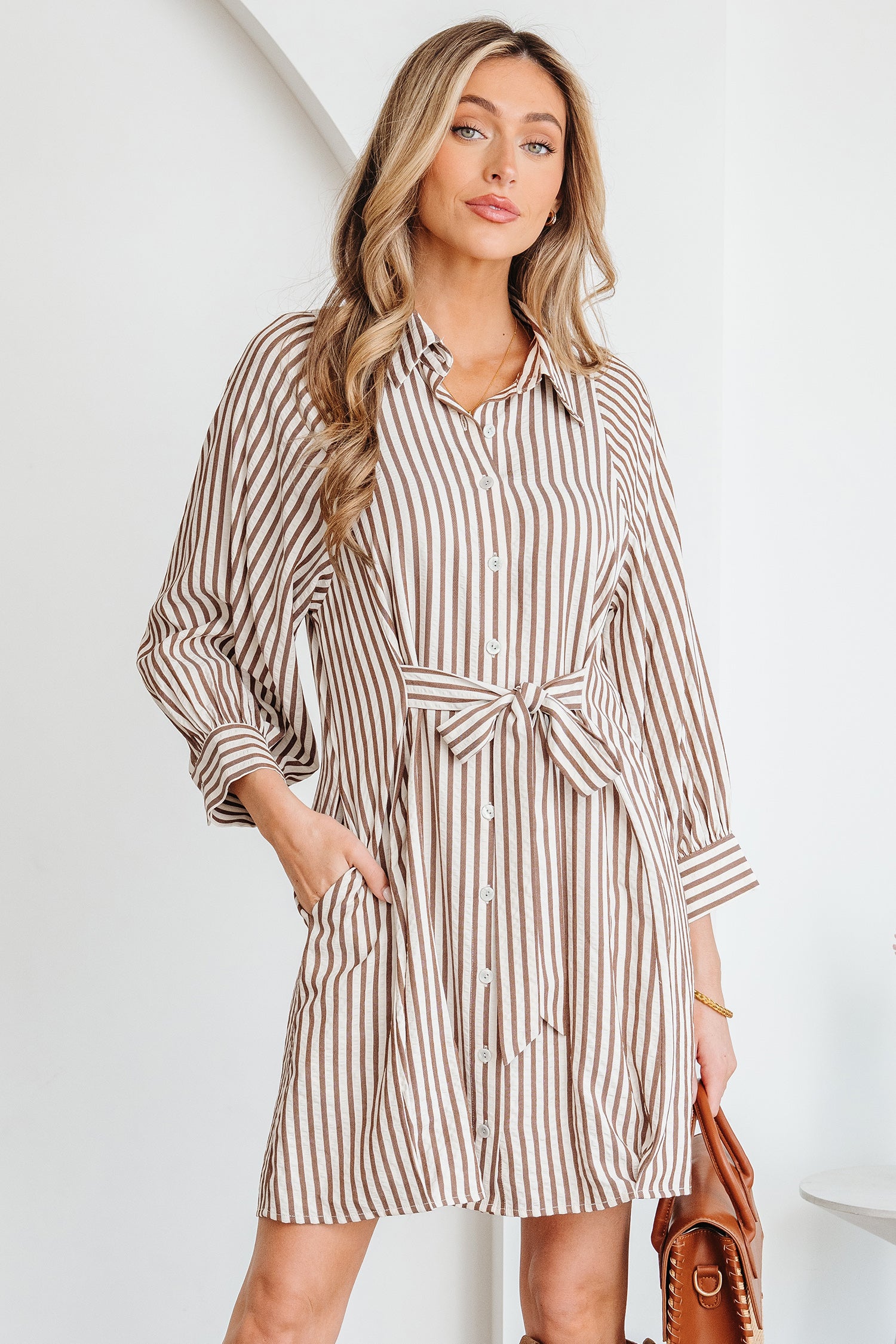 Brown Stripe Knot Waist Puff Sleeve Button Down Mini Shirt Dress