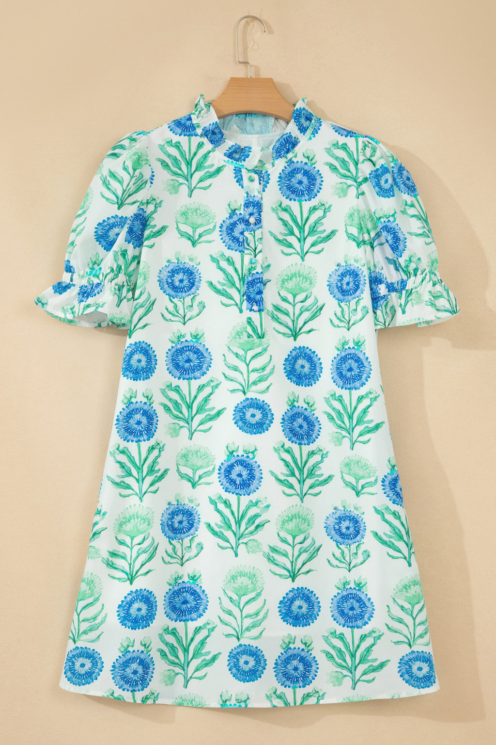 Sky Blue Floral Print Half Button Frilly Short Sleeve Dress