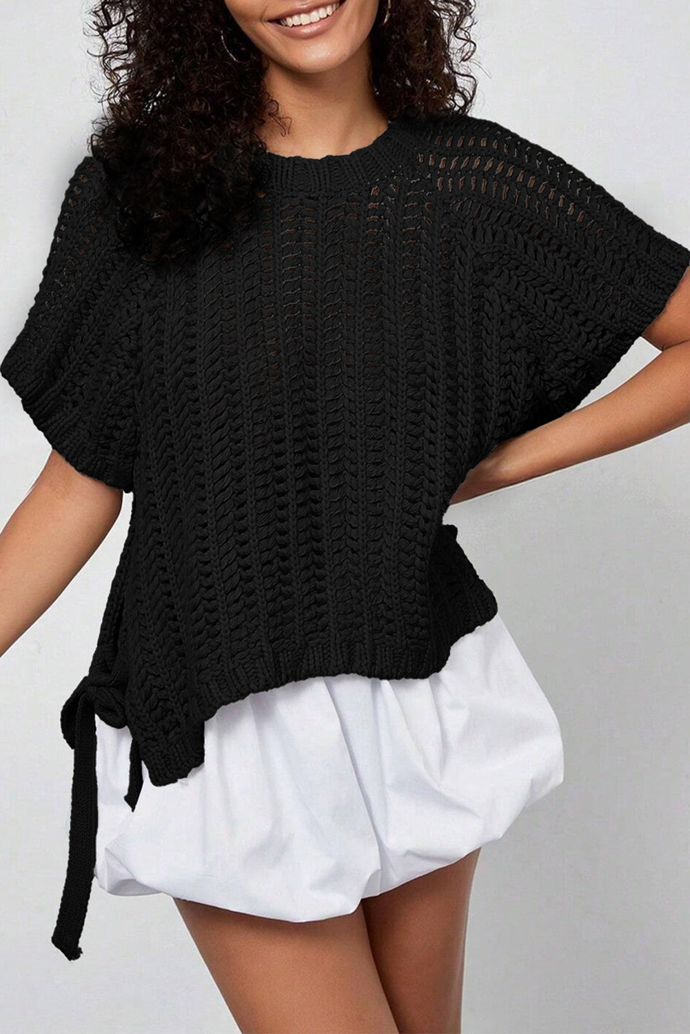 Pink Plus Size Open Knit Bow Tie Short Sleeve Sweater