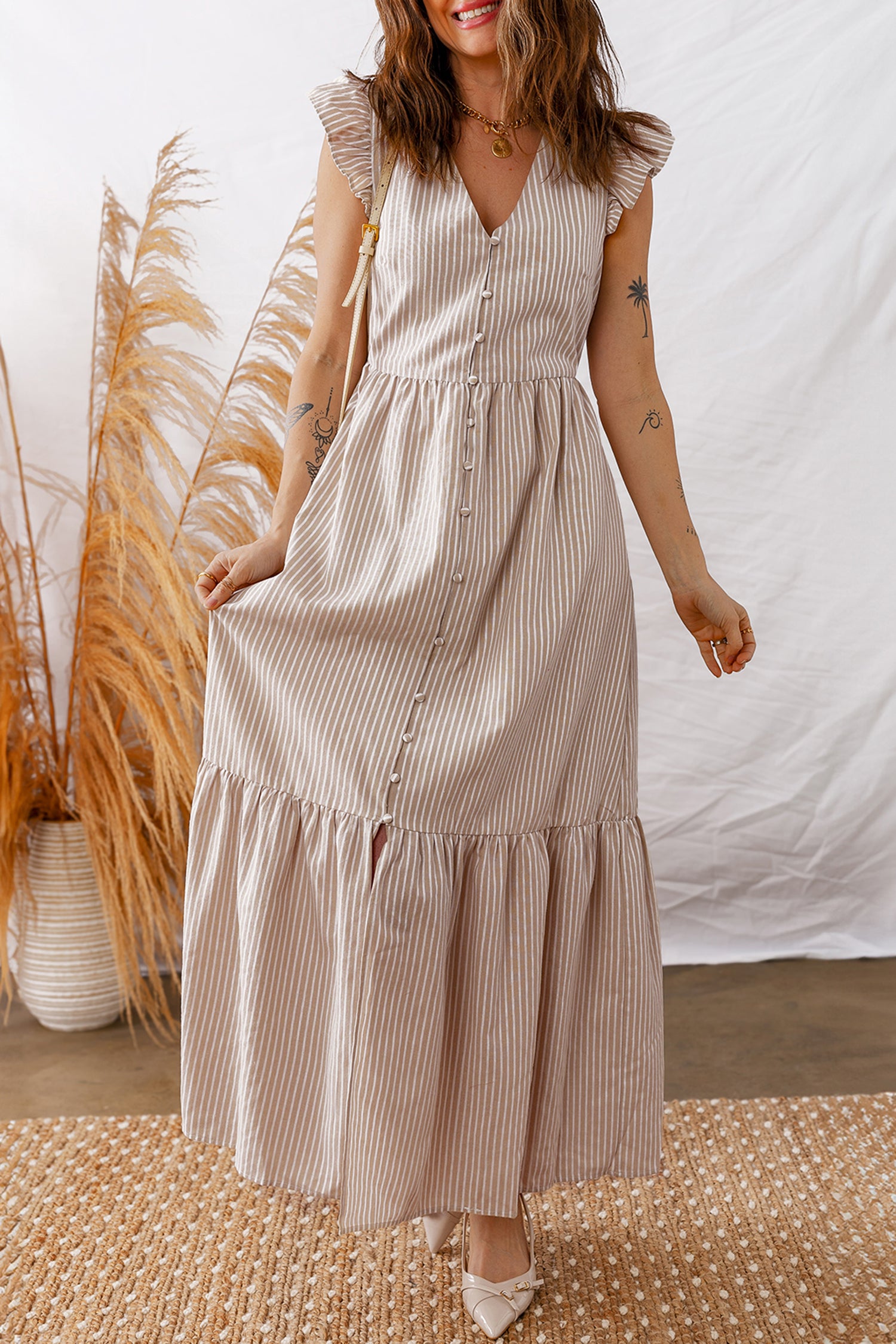 Khaki Stripe Flutter Sleeve Buttoned Front Slit Maxi Dress