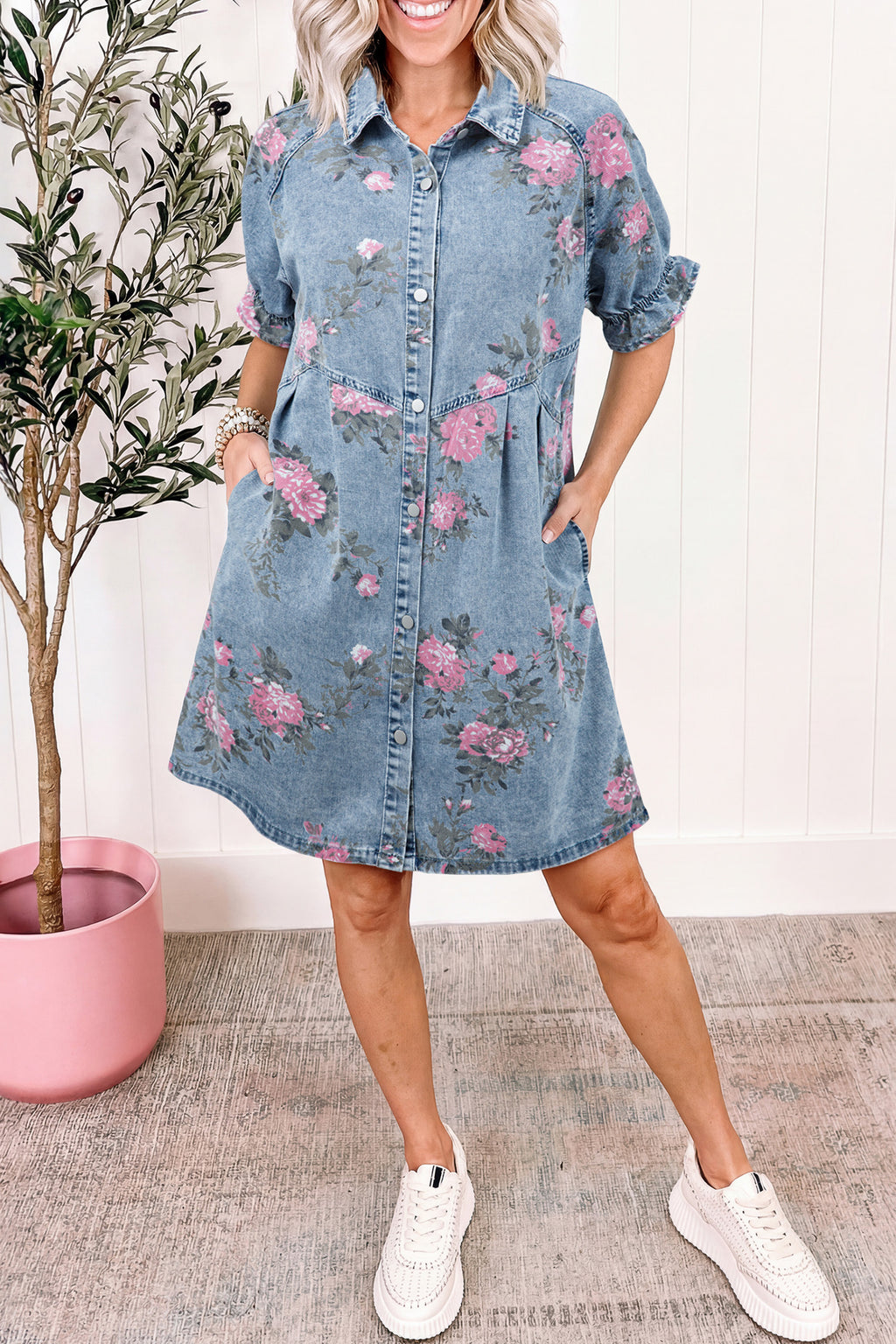 Sky Blue Floral Print Denim Short Sleeve Button Down Dress