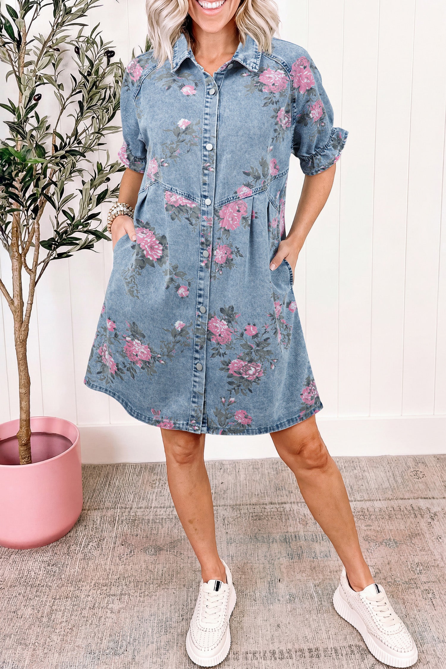 Sky Blue Floral Print Denim Short Sleeve Button Down Dress