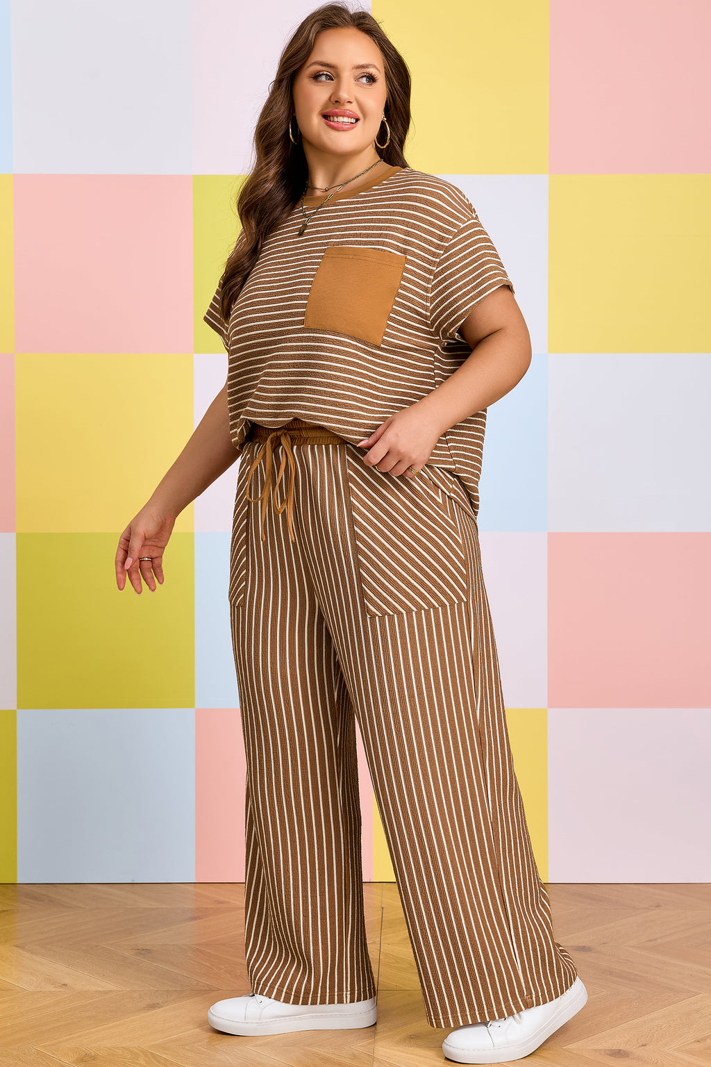 Khaki Stripe Plus Size Striped Colorblock Pocket Lounge Set