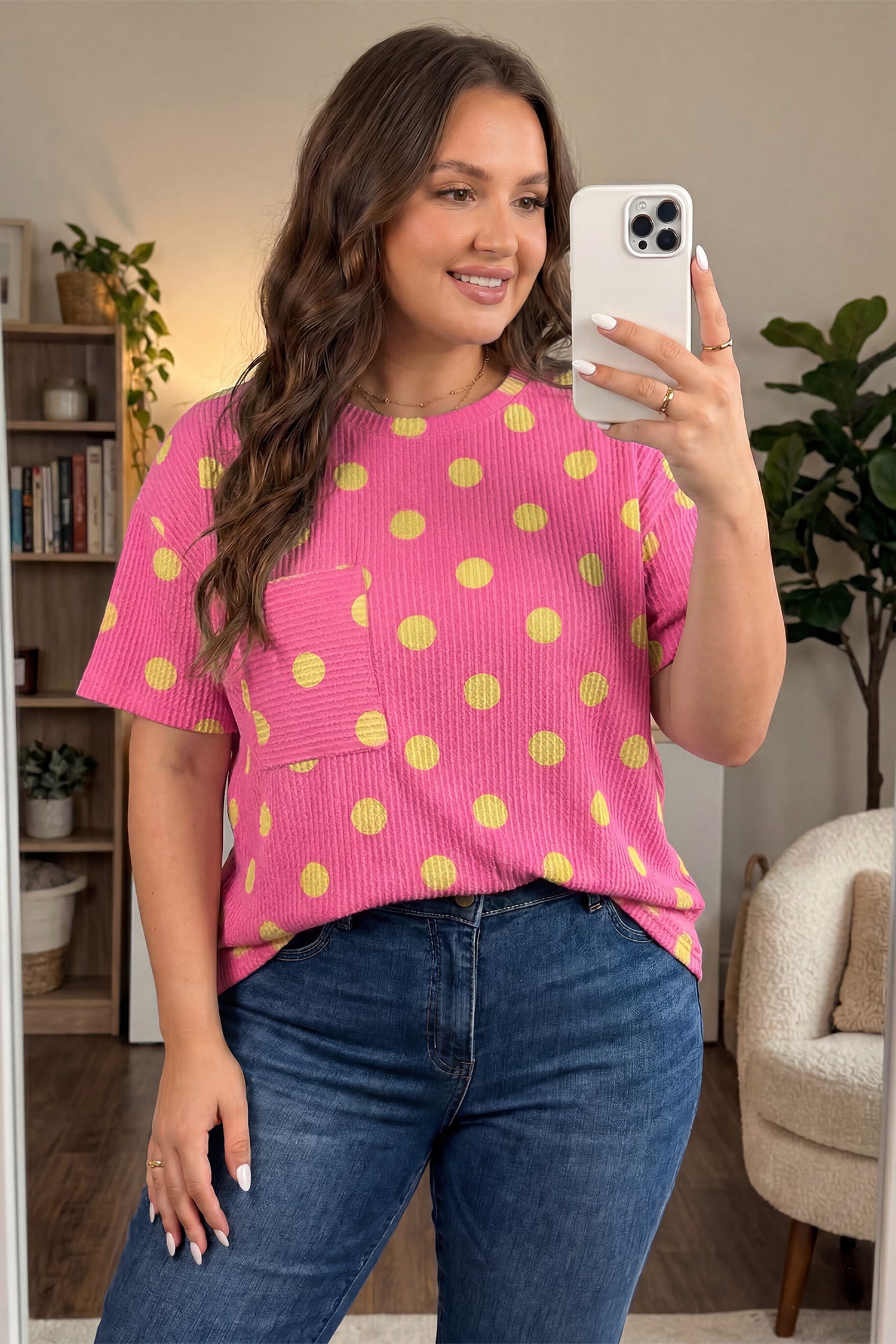 Pink Twisted Rib Polka Dot Print Plus Size T Shirt