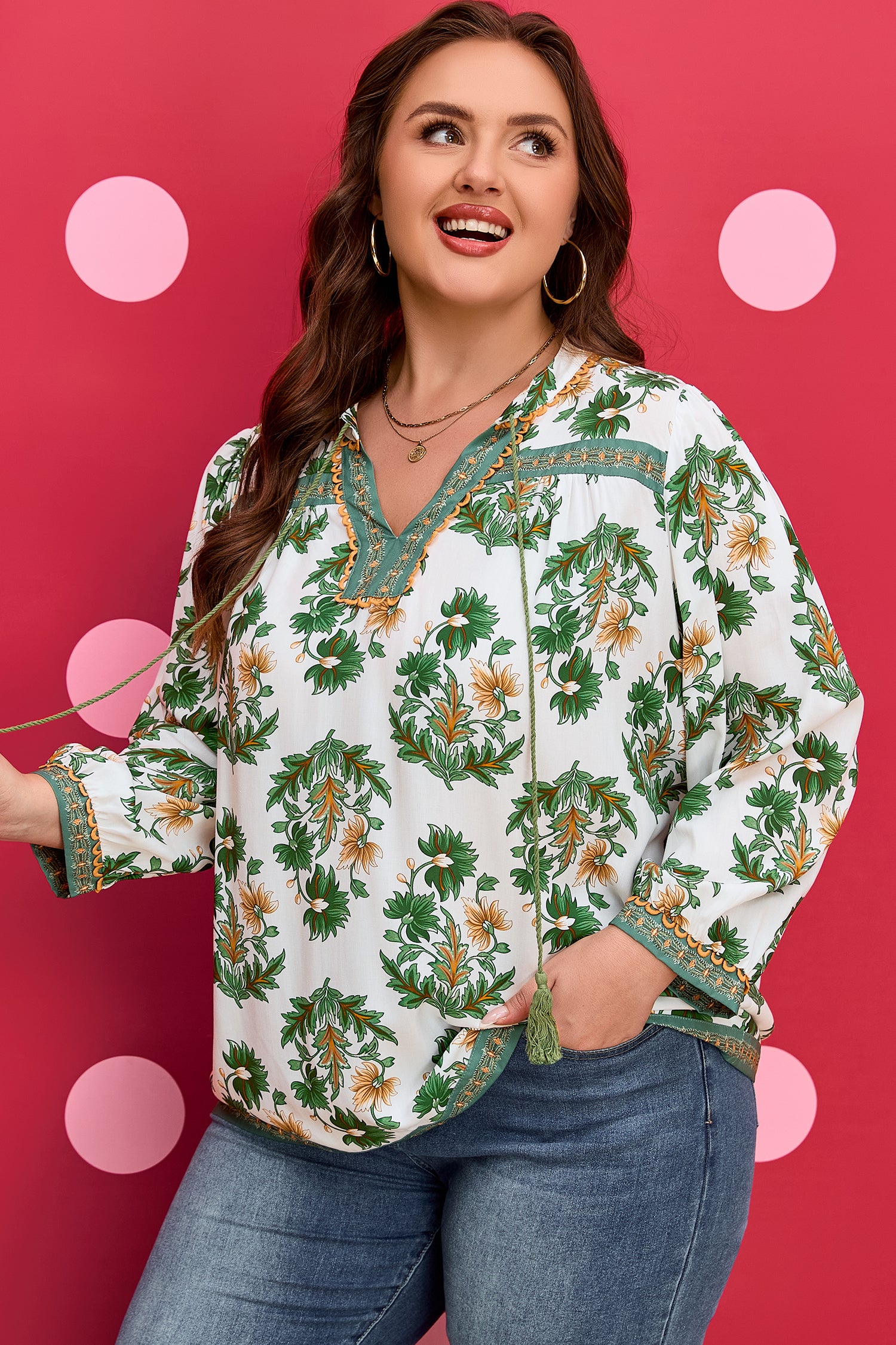 Green Plus Size Floral Printed Contrast Patchwork Detail Tassel Tie 3/4 Sleeve Blouse