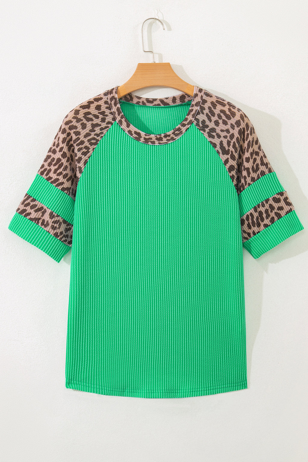 Green Corded Rib Leopard Color Block Patchwork Tunic Tee
