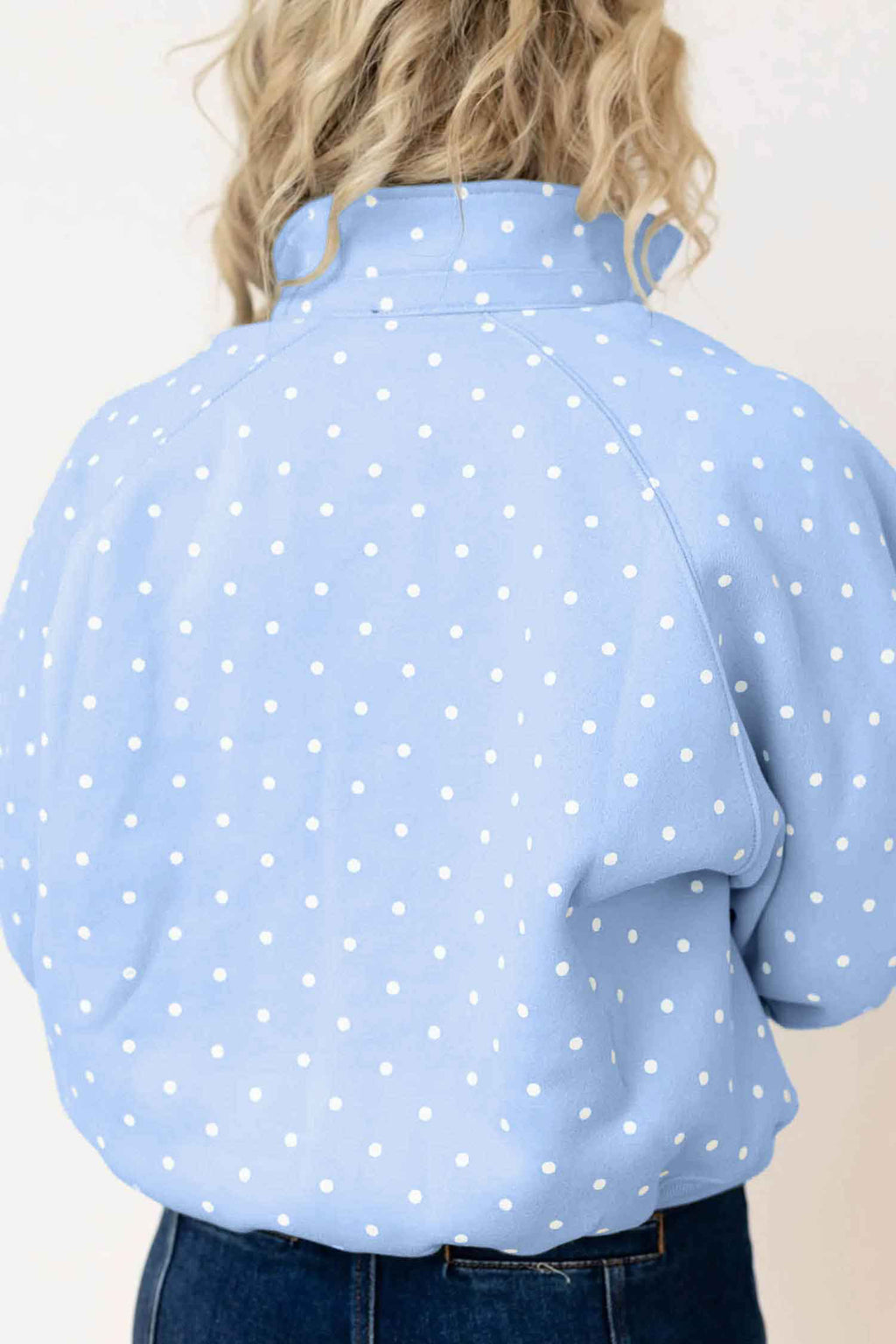 Sky Blue Polka Dot V Neck Metal Button Long Sleeve Shift Plus Size Sweatshirt