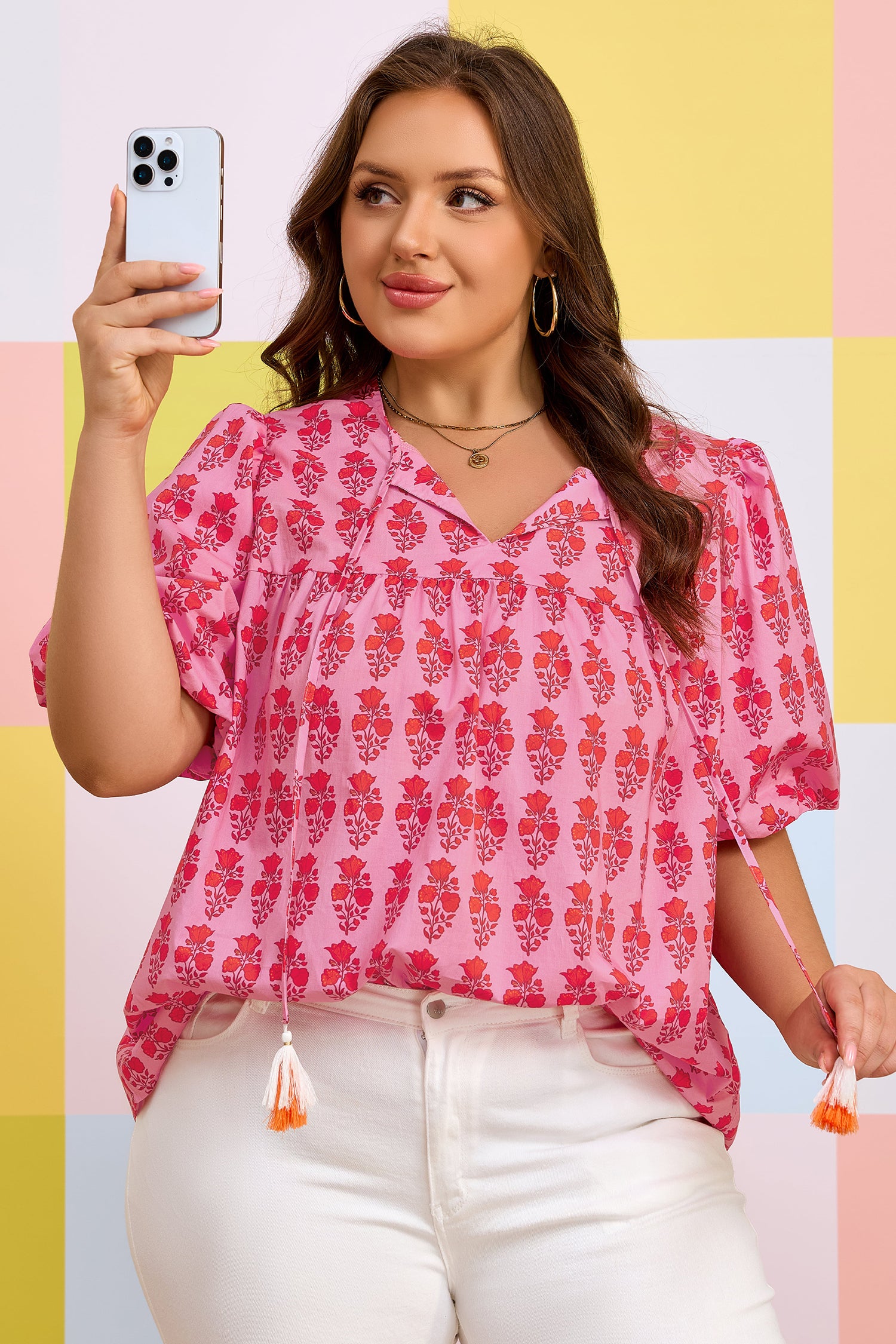 Pink Plus Size Floral Print Tassel Tie Puff Sleeve Cotton Blouse