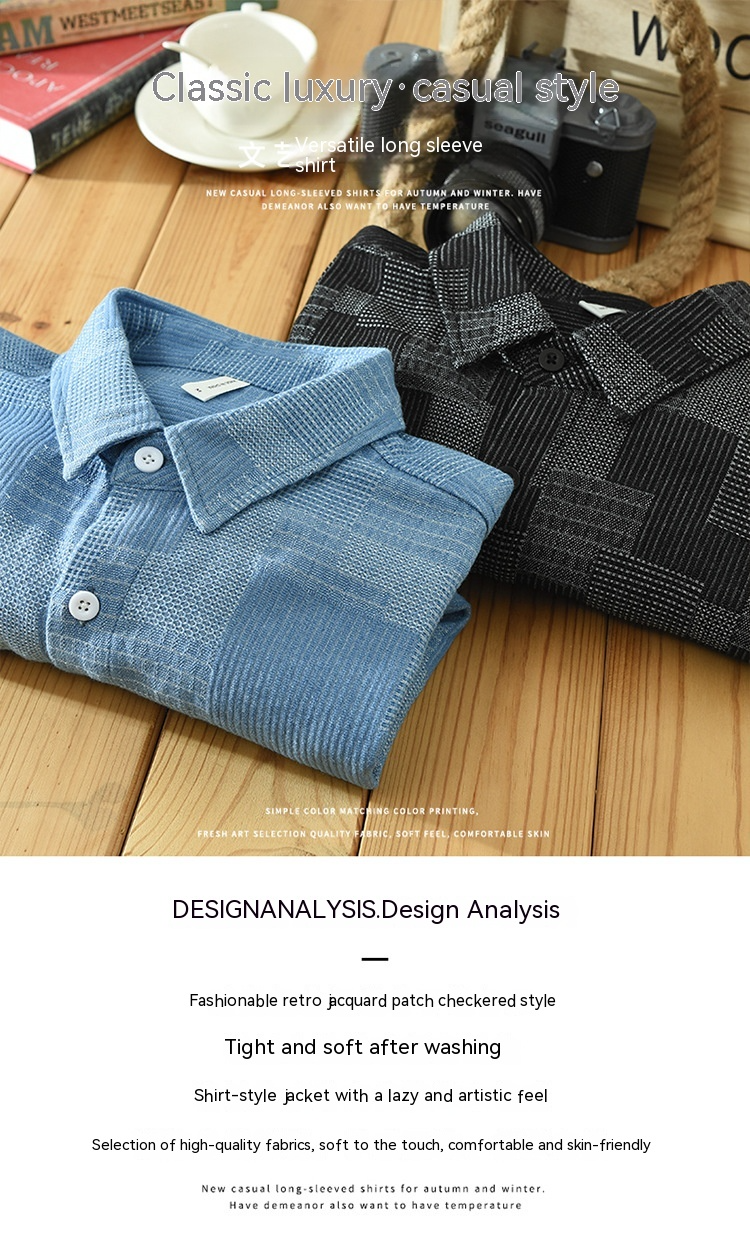 Camisa de vestir informal de manga larga de mezclilla con combinación de colores de jacquard para hombre