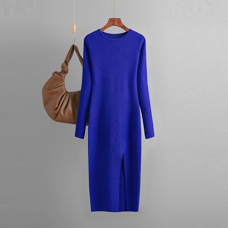 Vestido de cuello redondo sin espalda de punto de manga larga de otoño e invierno