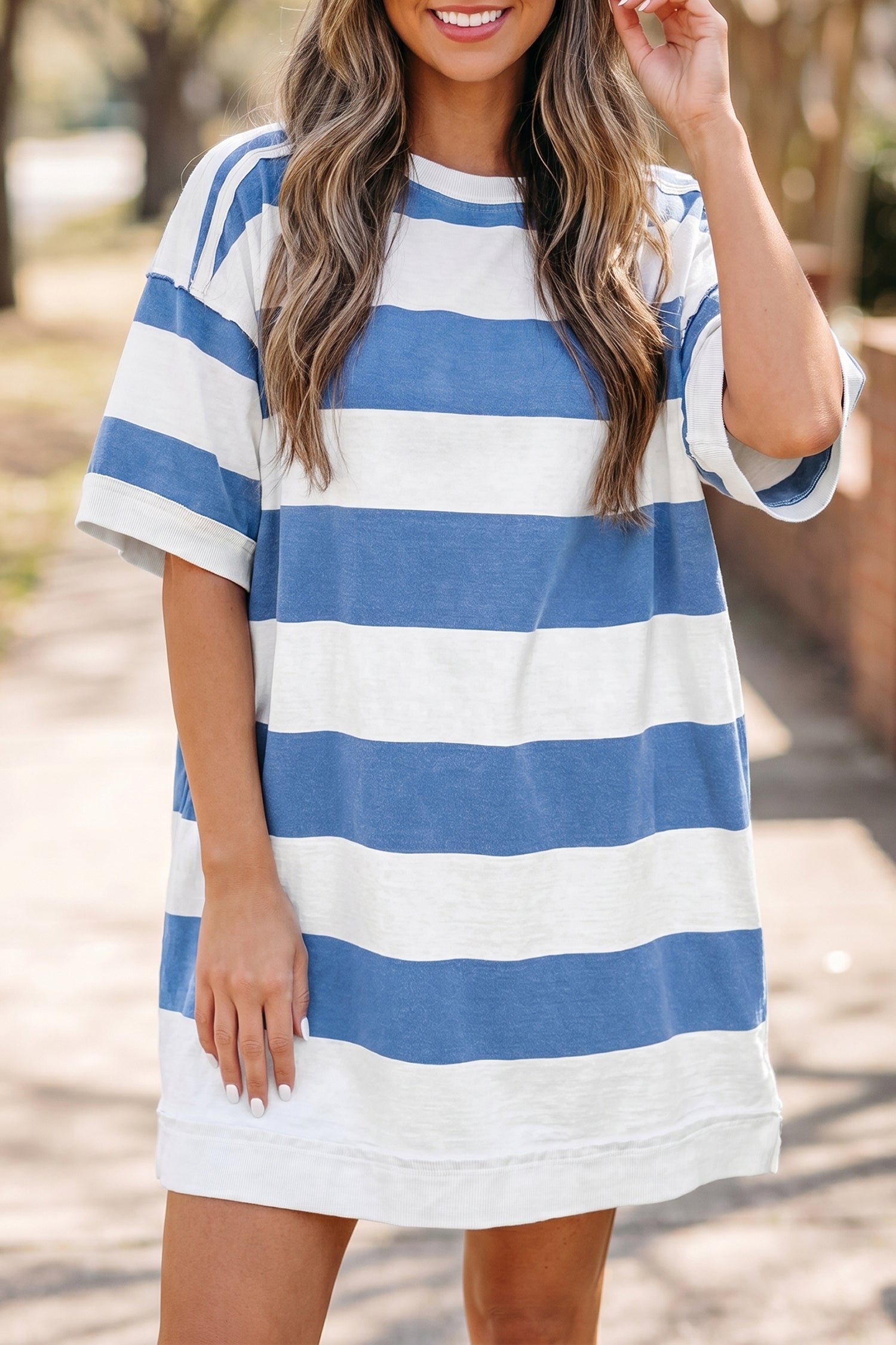 Blue Stripe Raw Seam Shoulder Detail Casual Tee Dress