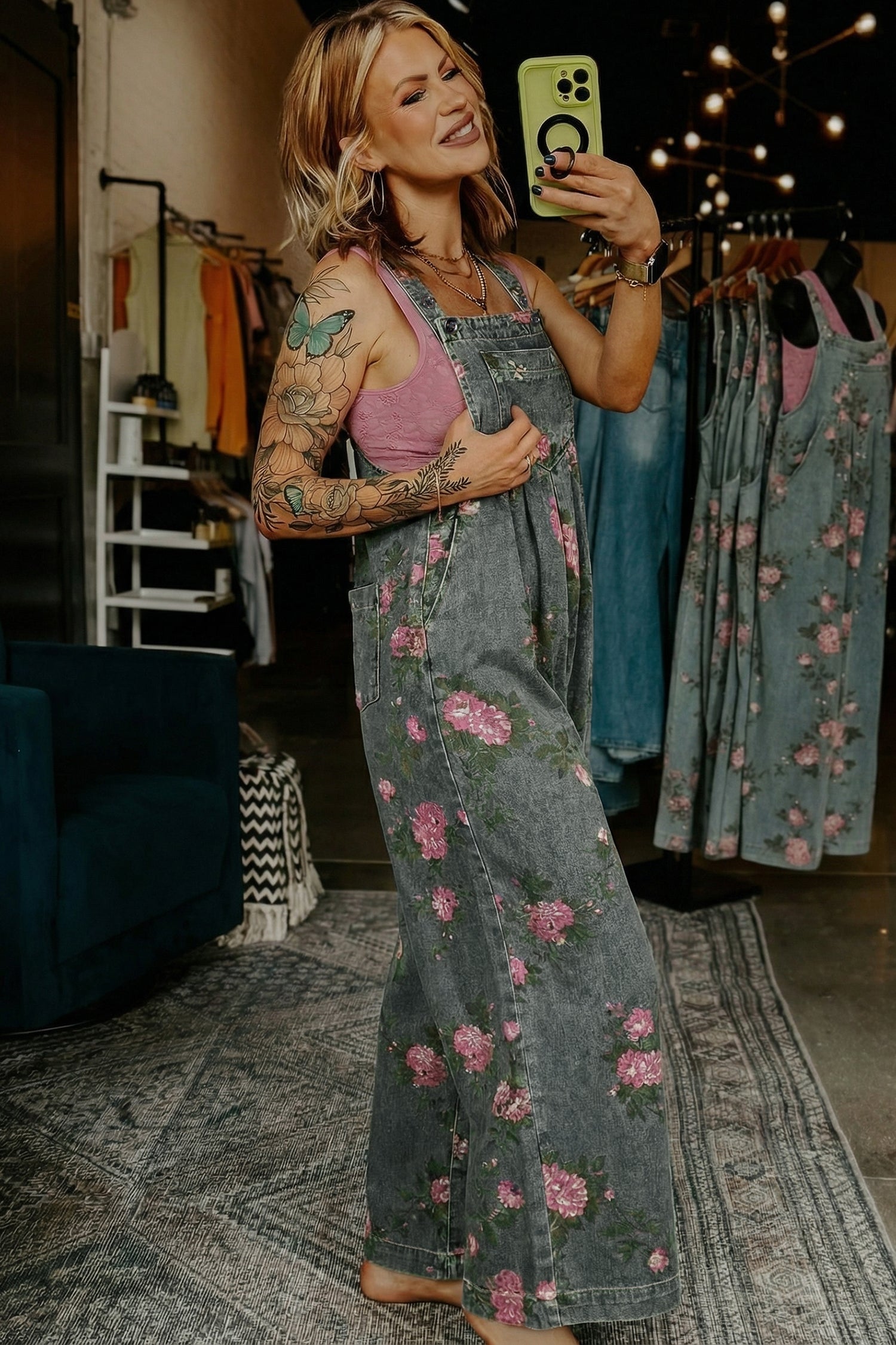 Beau Blue Floral Print Pleated High Waist Wide Leg Denim Jumpsuit
