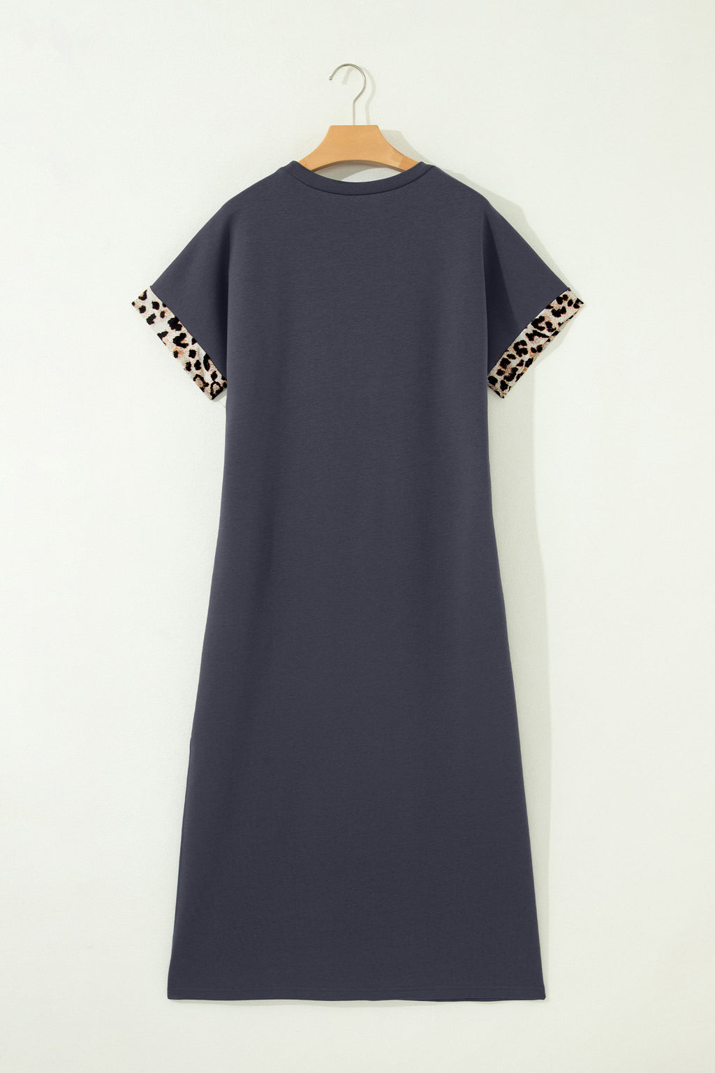 Dark Grey Contrast Leopard Bow Patched Short Sleeve T Shirt Long Dress