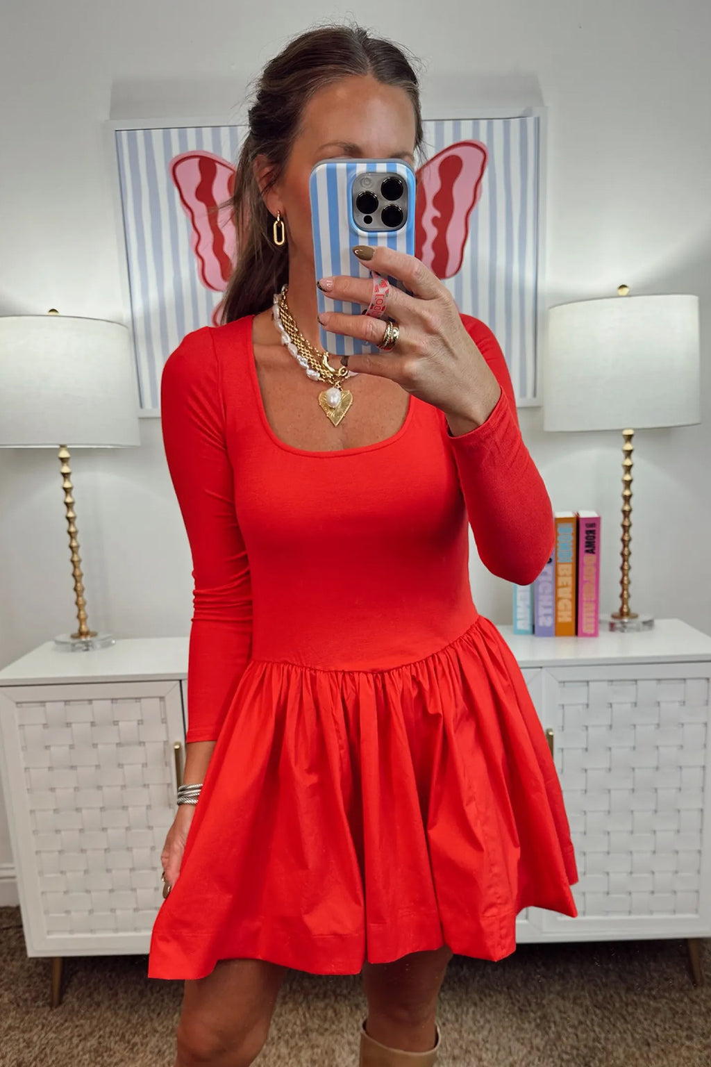 Fiery Red U Neck Long Sleeve Fit and Flare Short Dress