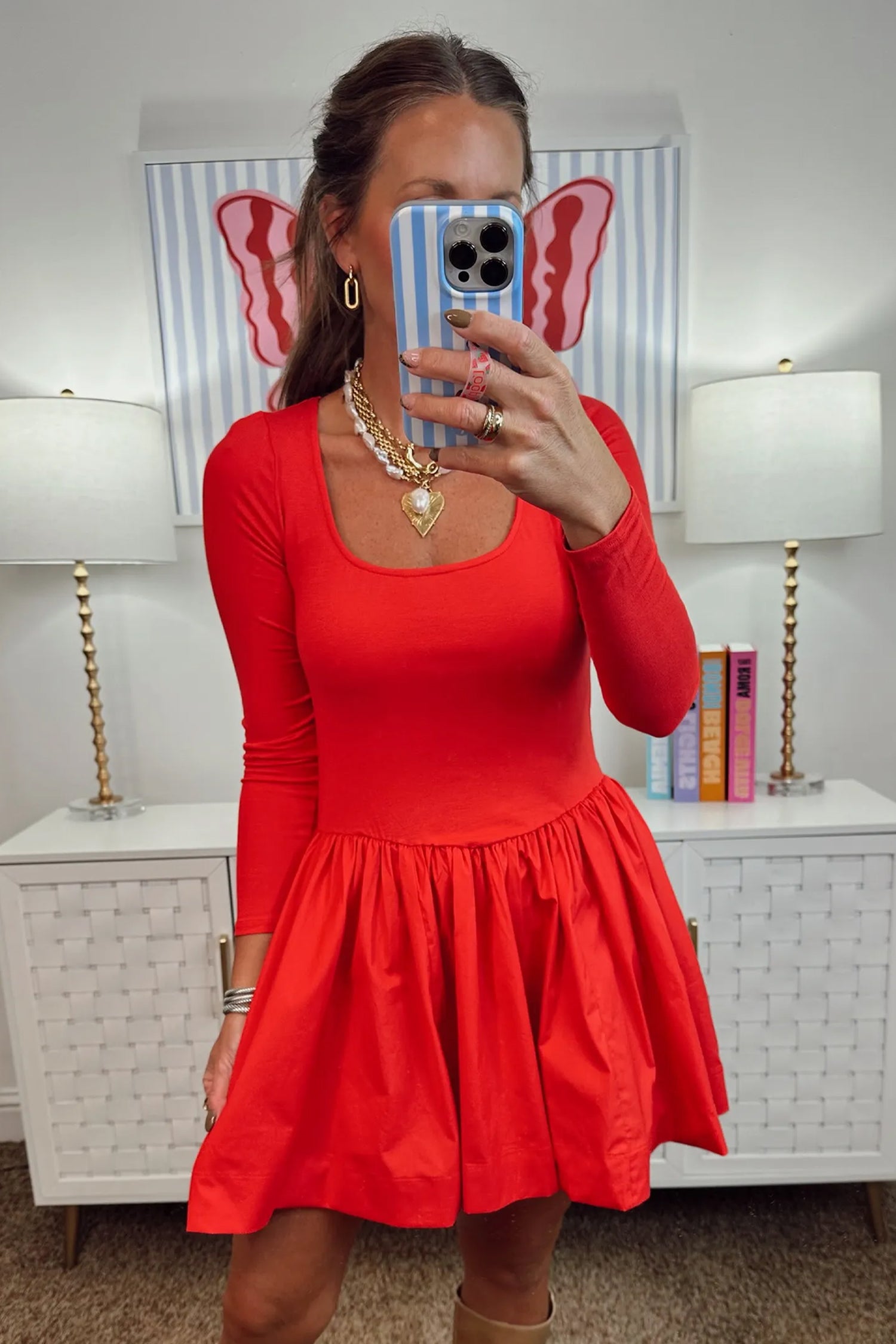 Fiery Red U Neck Long Sleeve Fit and Flare Short Dress