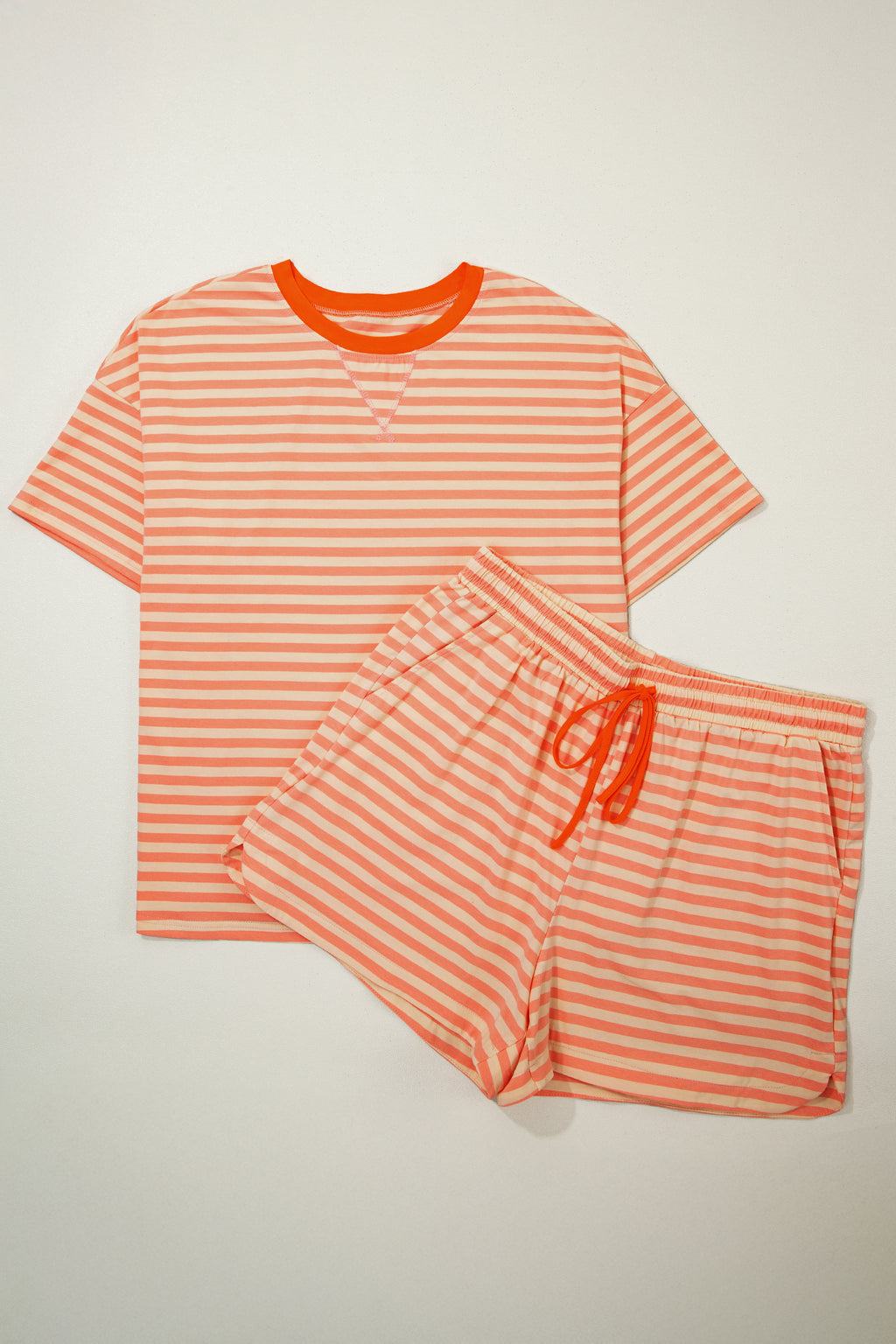 Pink Stripe Drop Shoulder T Shirt and Shorts Plus Size Summer Set