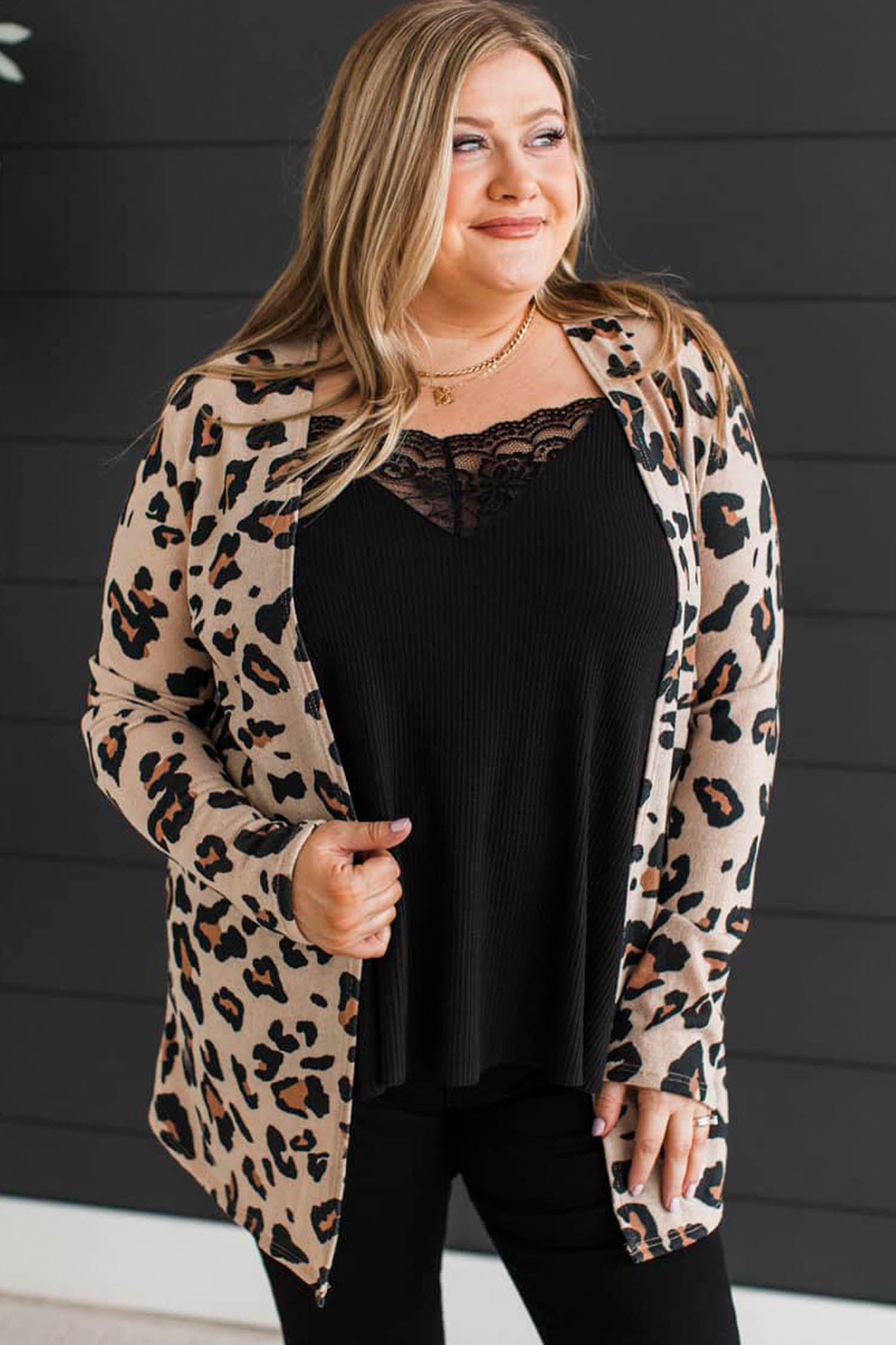 Khaki Leopard Print Long Sleeve V Neck Tunic Plus Size Cardigan