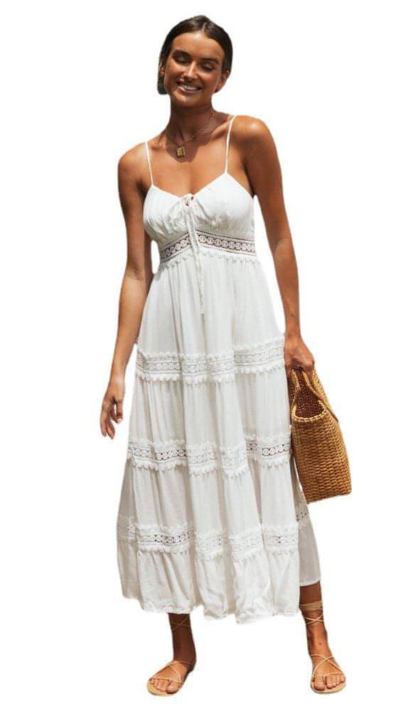 Vestido estilo boho con tirantes y falda con paneles de encaje