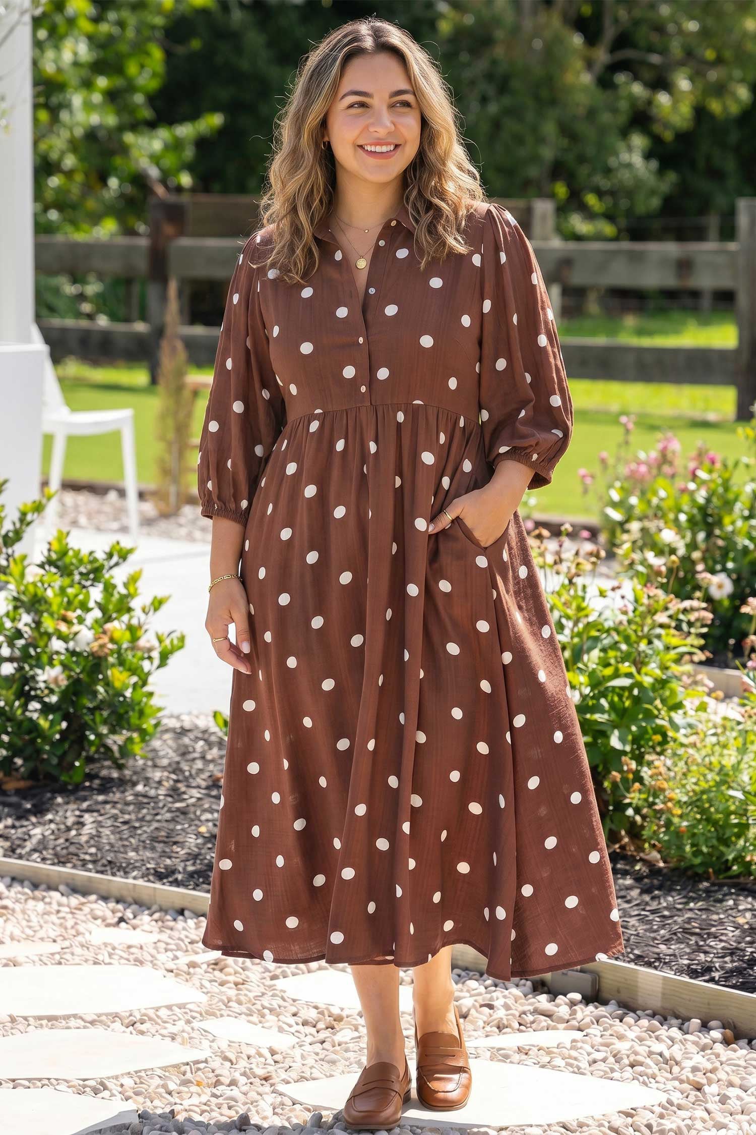 Brown Polka Dot V Neck Abdomen Pocket Gathered Cuffs Long Sleeve Shift Plus Size Dress