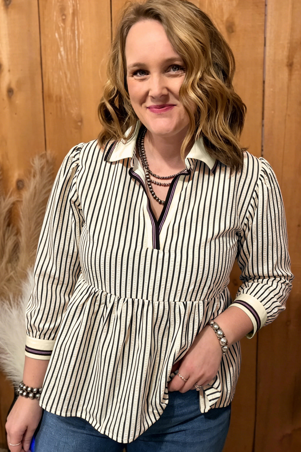 Black Stripe Patchwork Striped V Neck Tunic Plus Size Blouse
