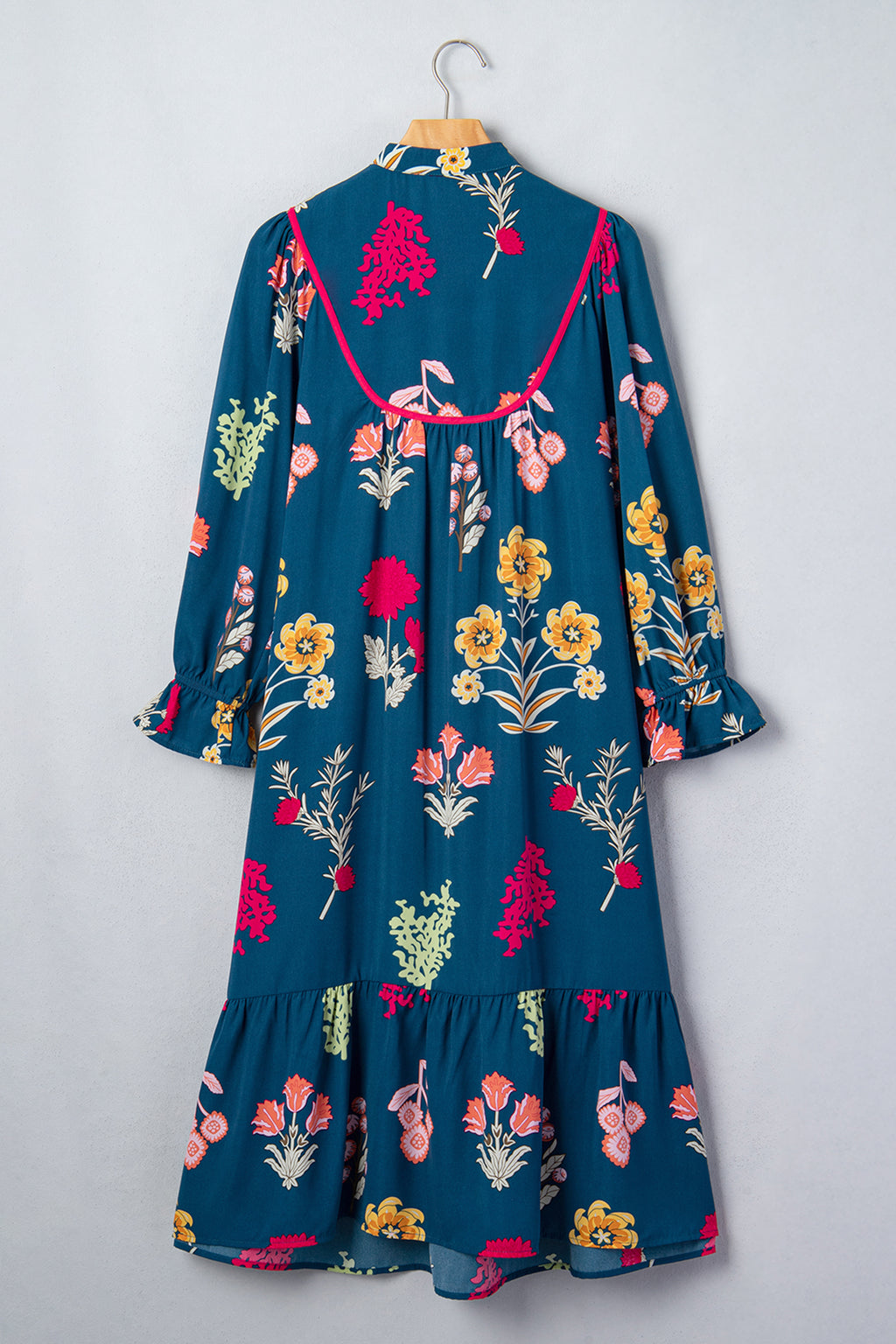 Blue Floral Print Gathered Neckline 7/8 Sleeve Casual Midi Dress