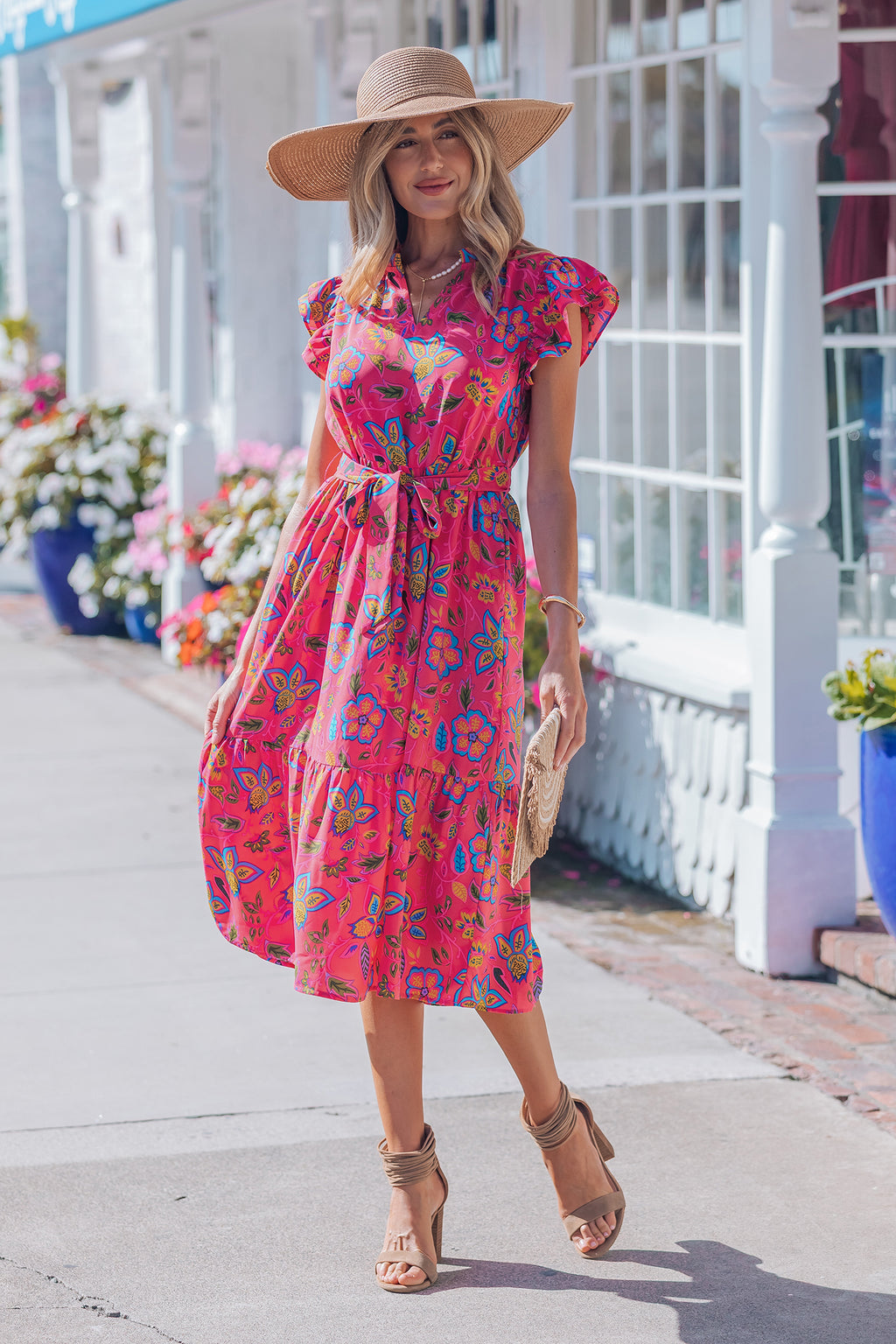 Rose Flutter Sleeve Belted Floral Long Dress