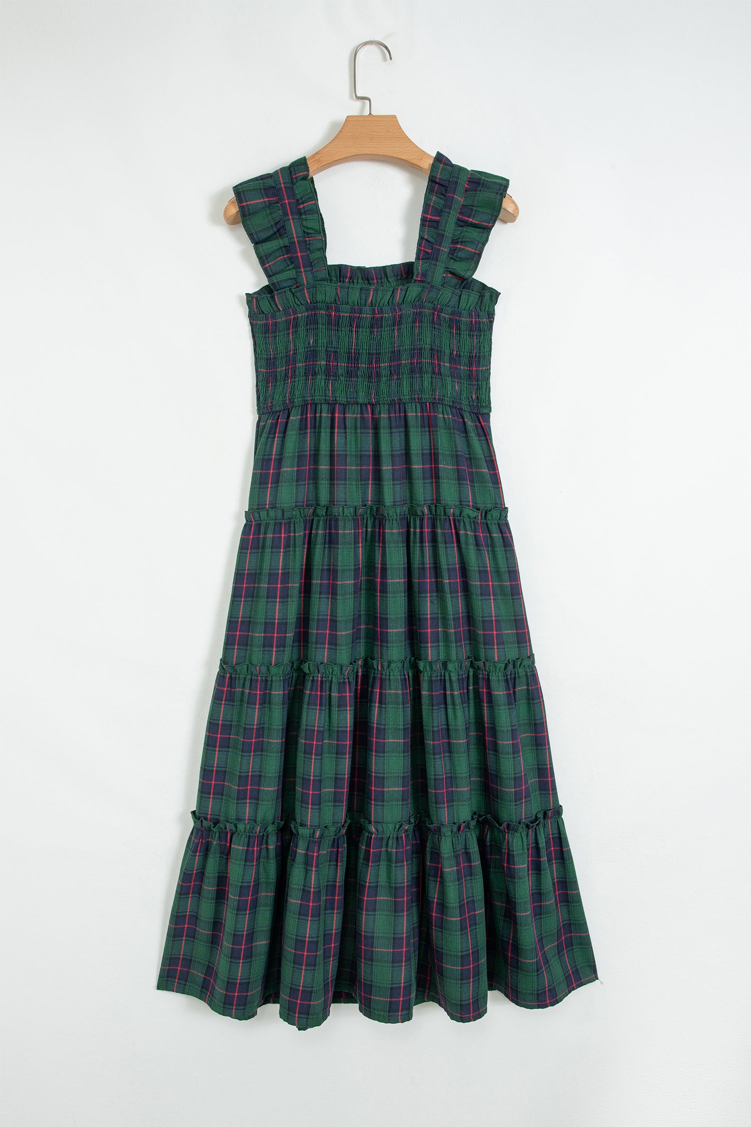 Green Plaid Ruffle Sleeveless Shirred Bodice Tiered Midi Dress