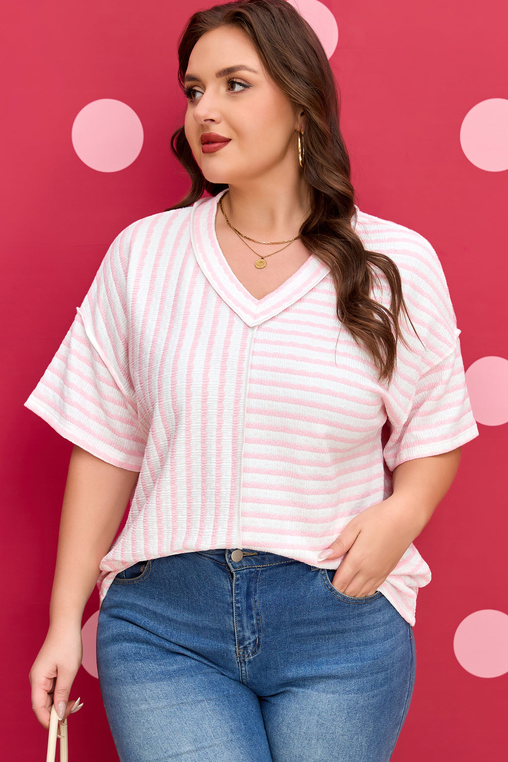 Pink Stripe Plus Size V Neck Exposed Seam Patchwork T Shirt