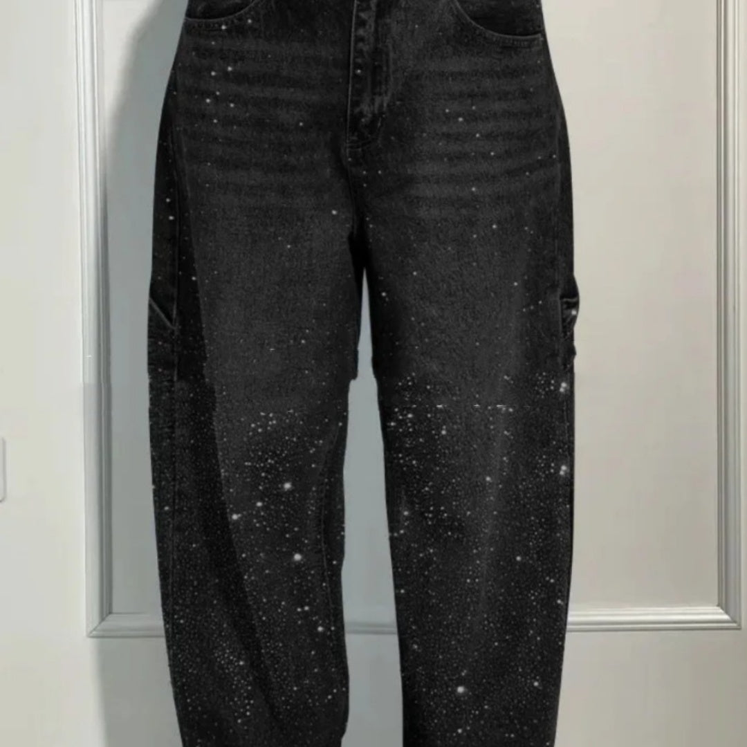 Shiny Straight-Leg Glitter Jeans with Pockets – Wide Leg Pants for Women