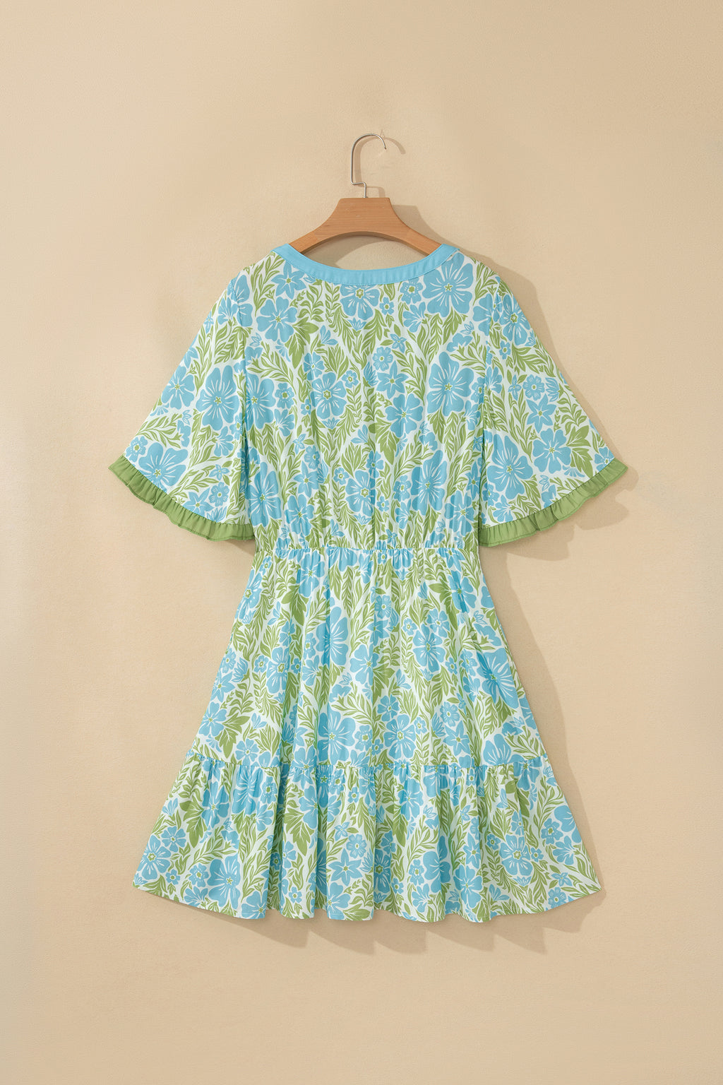 Sky Blue Floral Print High Waist Ruffle Short Sleeve Mini Dress