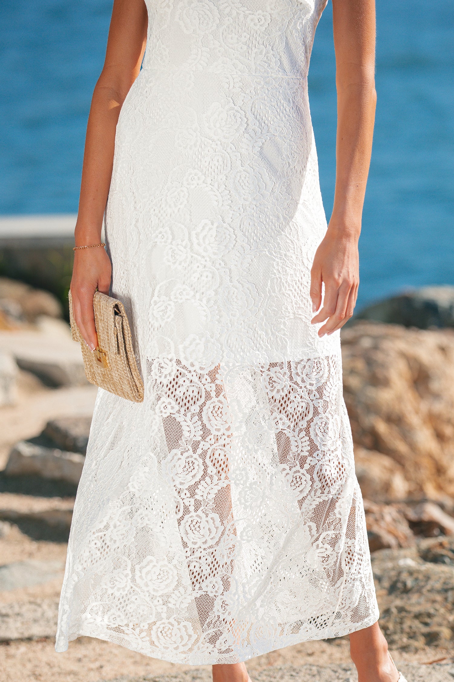 White Tie Spaghetti Straps Floral Lace Overlay Long Dress