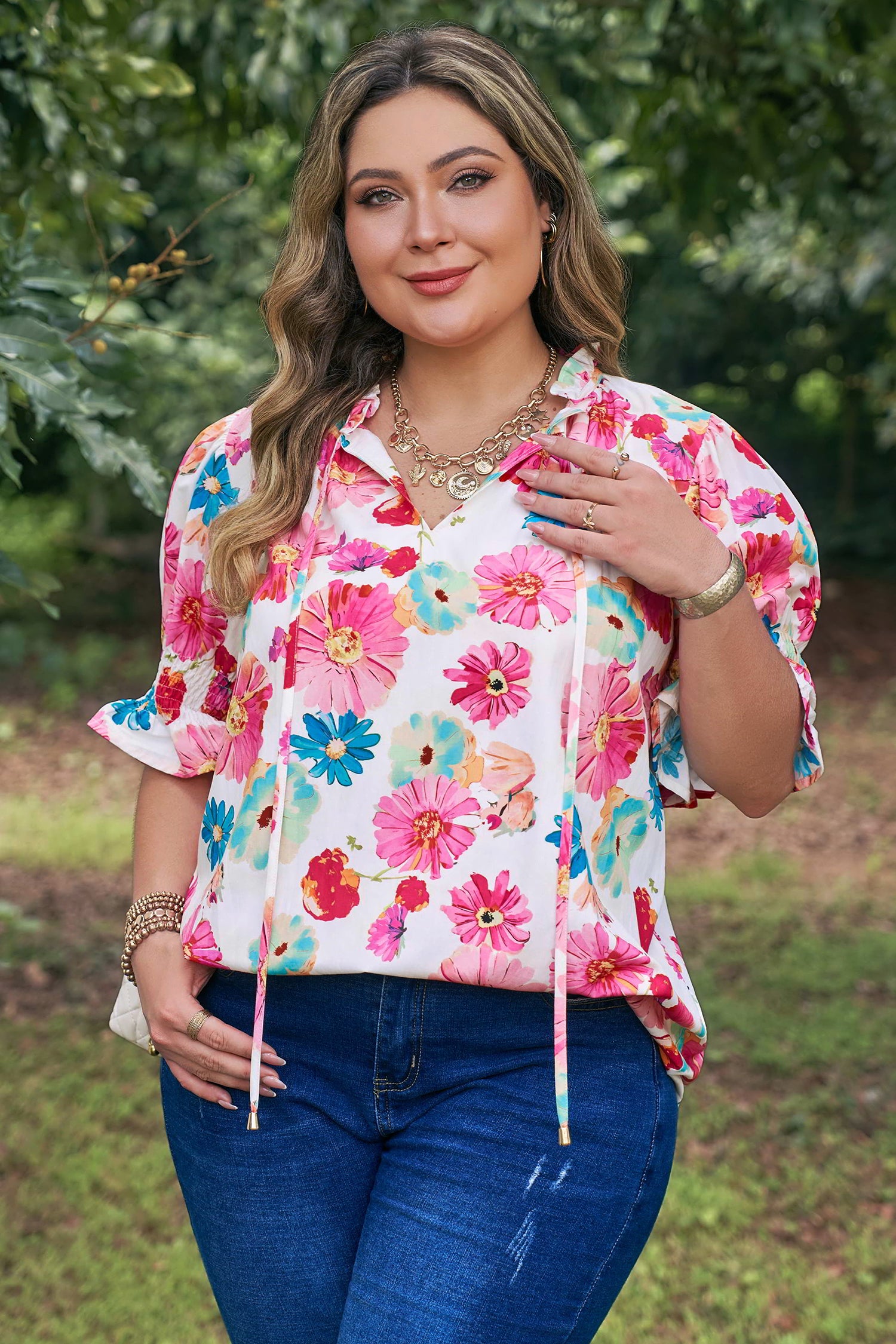 Pink Plus Size Floral Print Ruched Short Sleeve Blouse