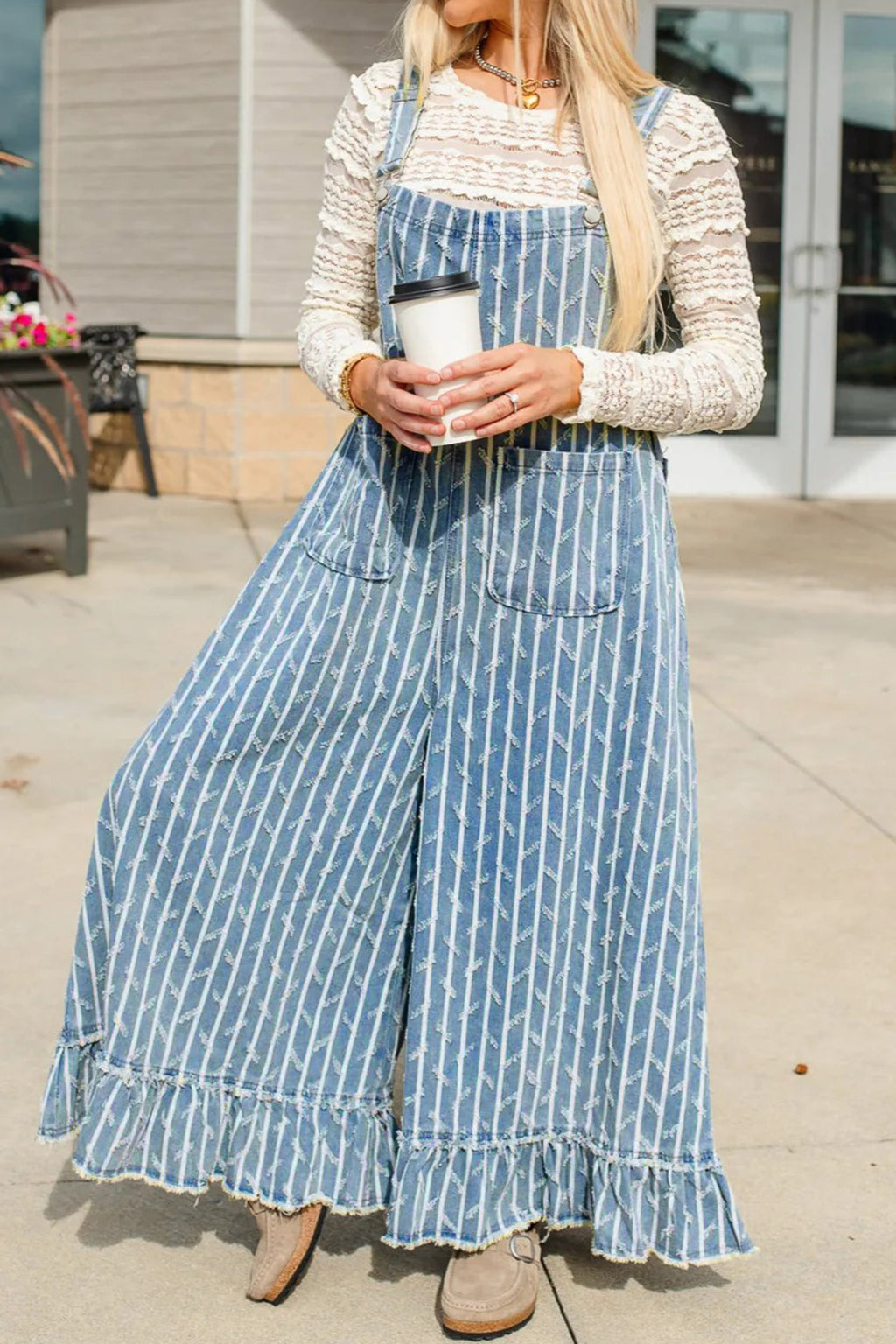 Myosotis Striped Distressed Ruffled Wide Leg Denim Overalls