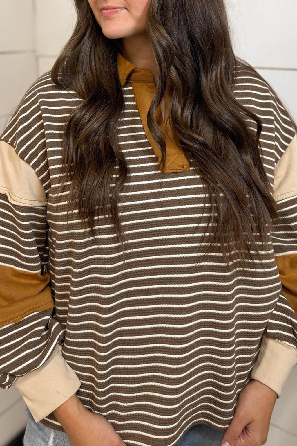 Brown Stripe Colorblock Detail Collar V Neck Plus Size Long Sleeve Top