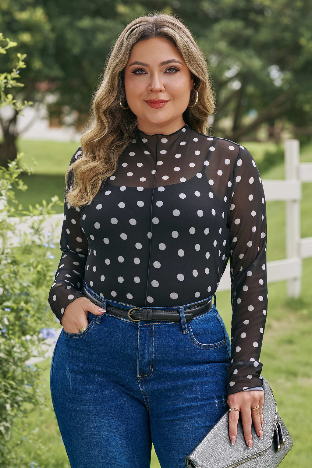 Black Plus Size Mock Neck Polka Dot Long Sleeve Mesh Top