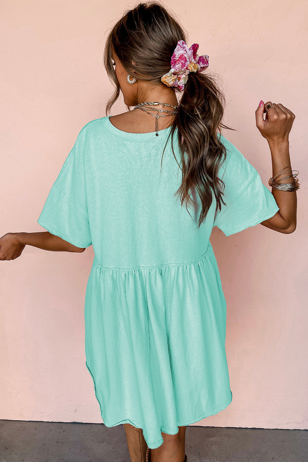 Light Pink Solid Color Pocketed Raw Edge Babydoll Dress