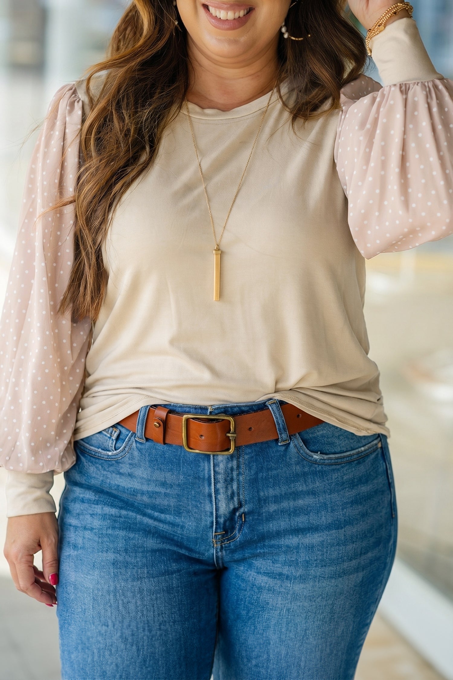 Parchment Polka Dot Long Sleeve Round Neck Plus Size Blouse