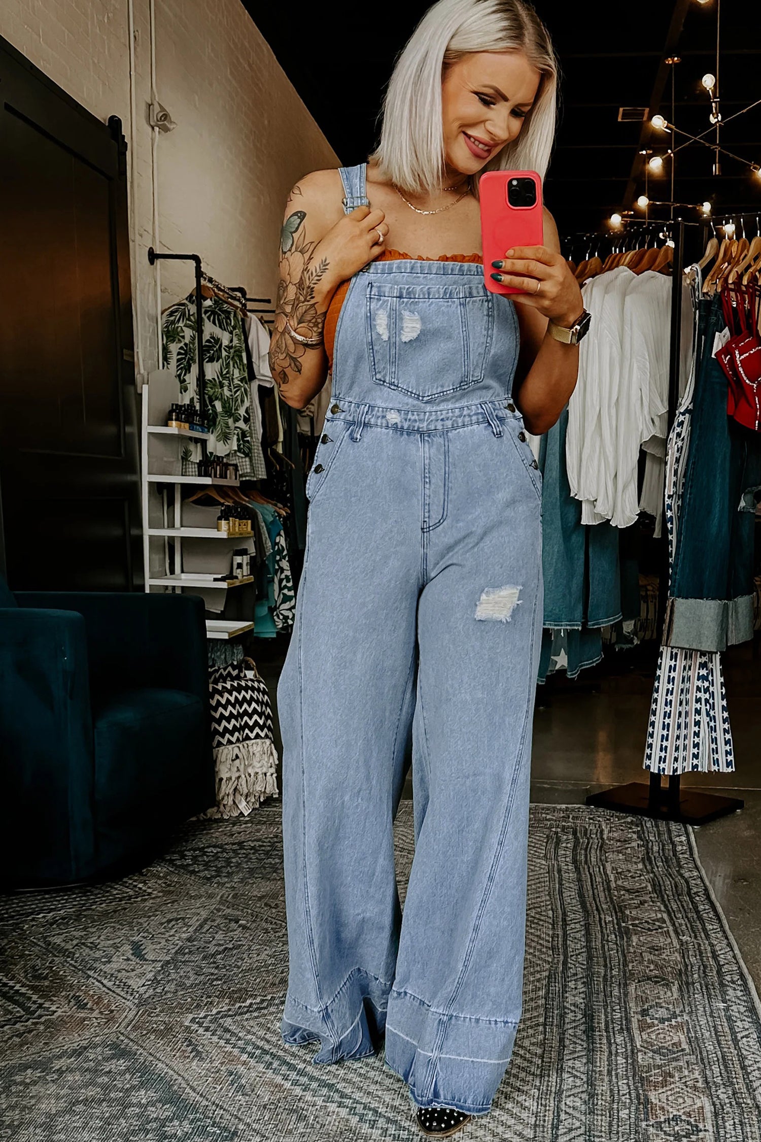 Mist Blue Retro Distressed Button Adjustable Straps Denim Overall Jumpsuit