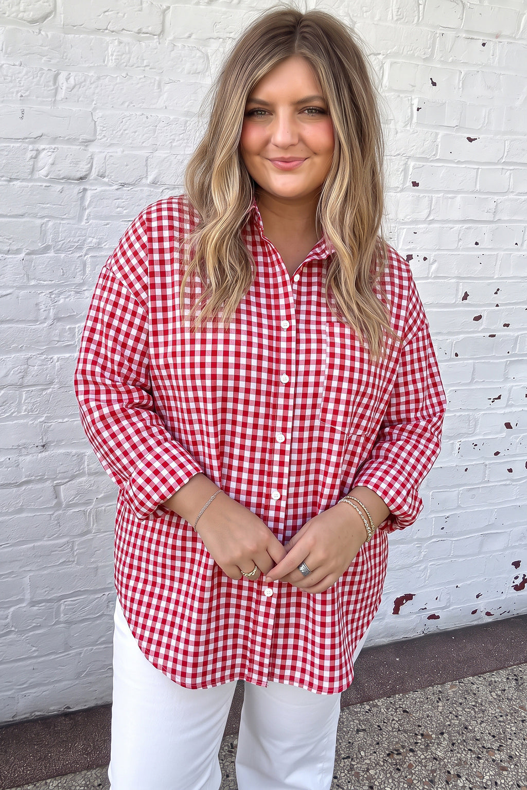Red Plaid V Neck Long Sleeve Tunic Loose Fit Plus Size Shirt