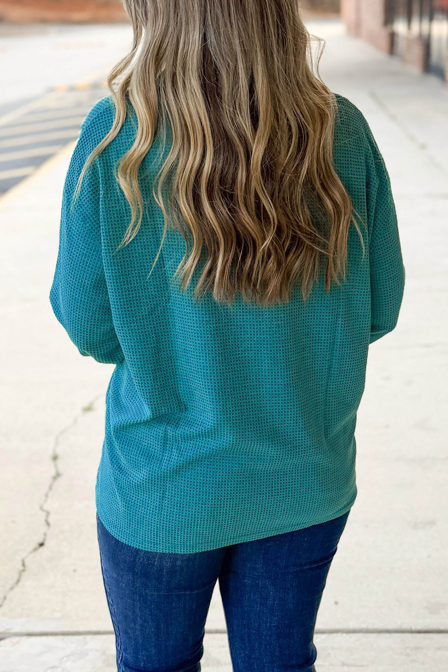 Lapis V Neck Waffle Textured Button Front Tunic Long Sleeve Plus Size Cardigan