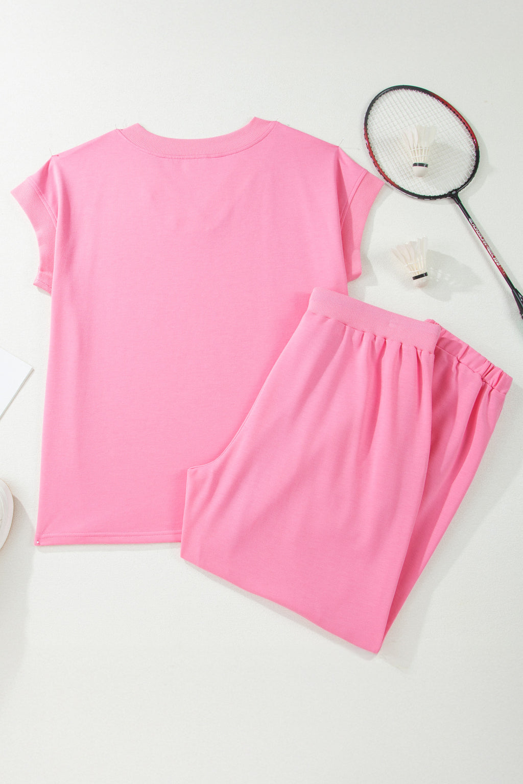 Bonbon Solid V-Neck Tee and Drawstring Plus Size Pants Set