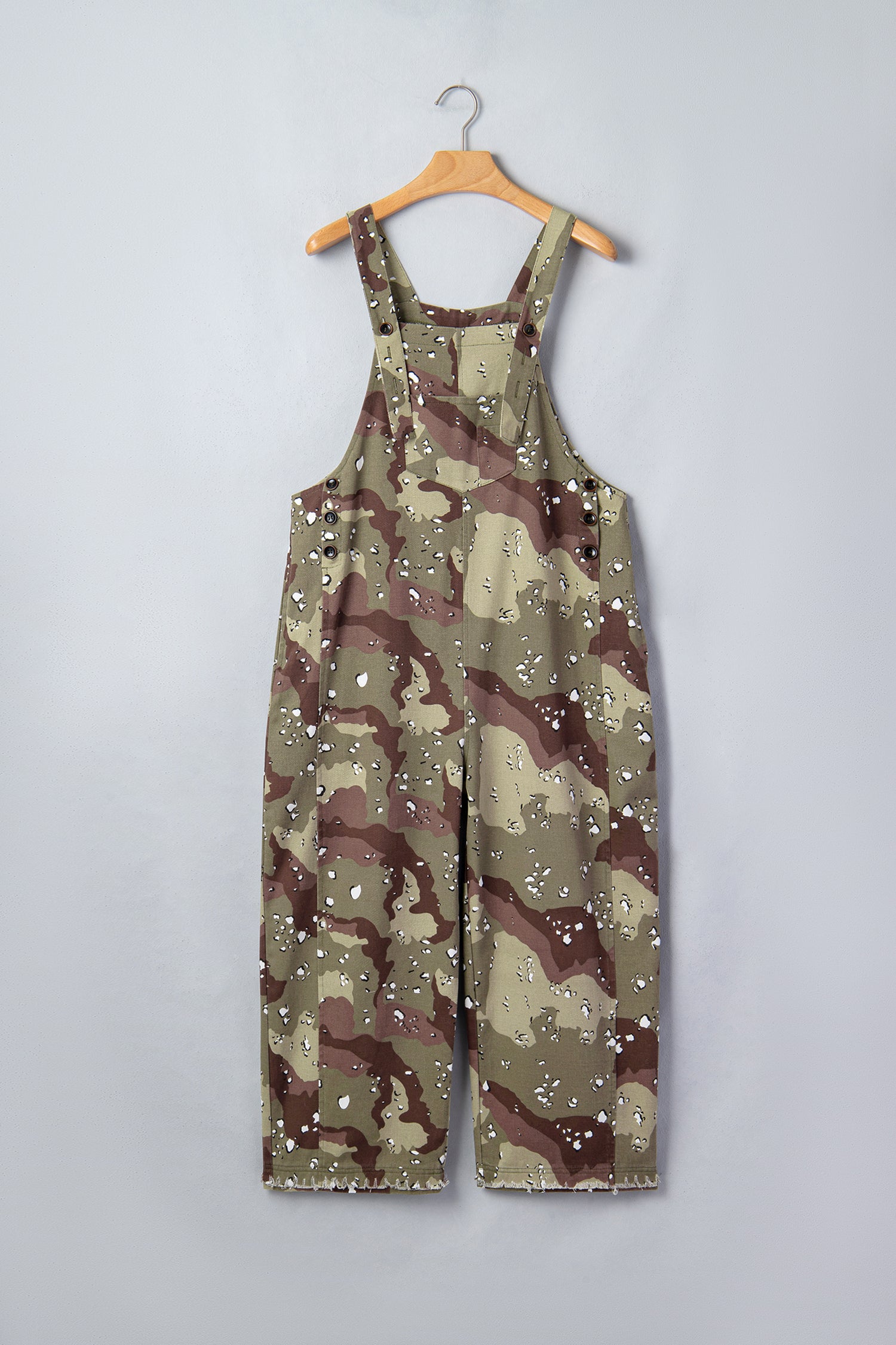 Green Camouflage Print Leopard Detail Loose Denim Overall Cropped Jumpsuit