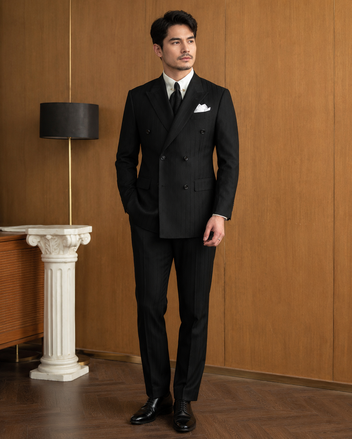 VestraForm™ – Handsome Black Double-Breasted Pinstripe Suit (2 Piece Set)