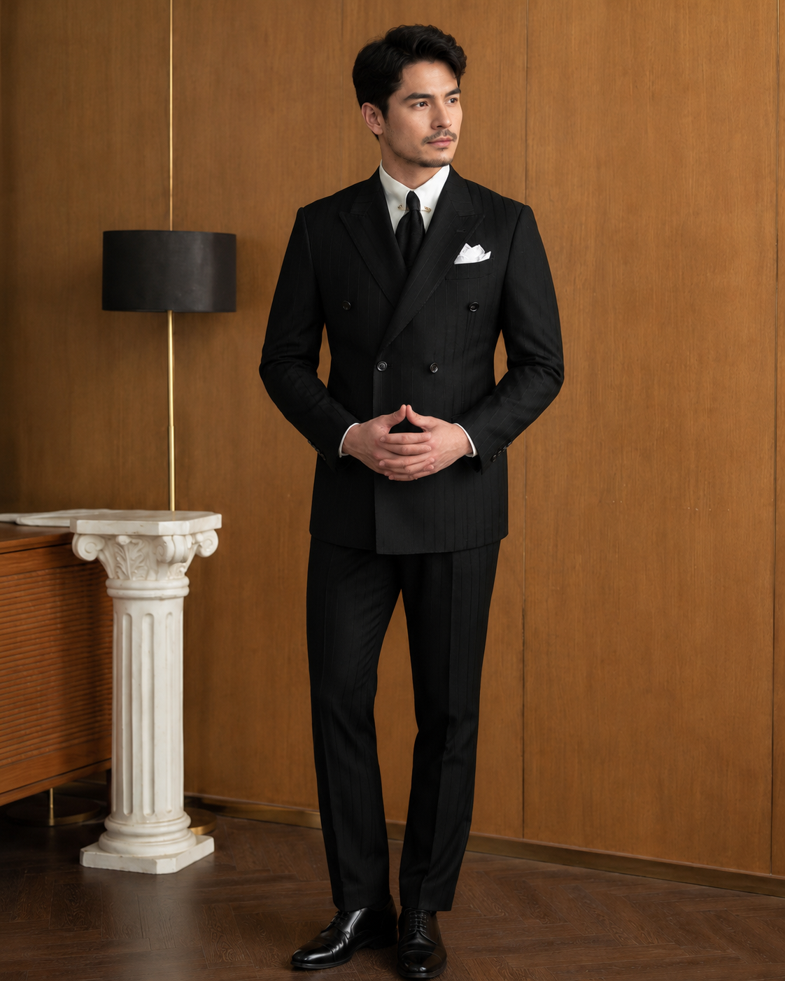 VestraForm™ – Handsome Black Double-Breasted Pinstripe Suit (2 Piece Set)