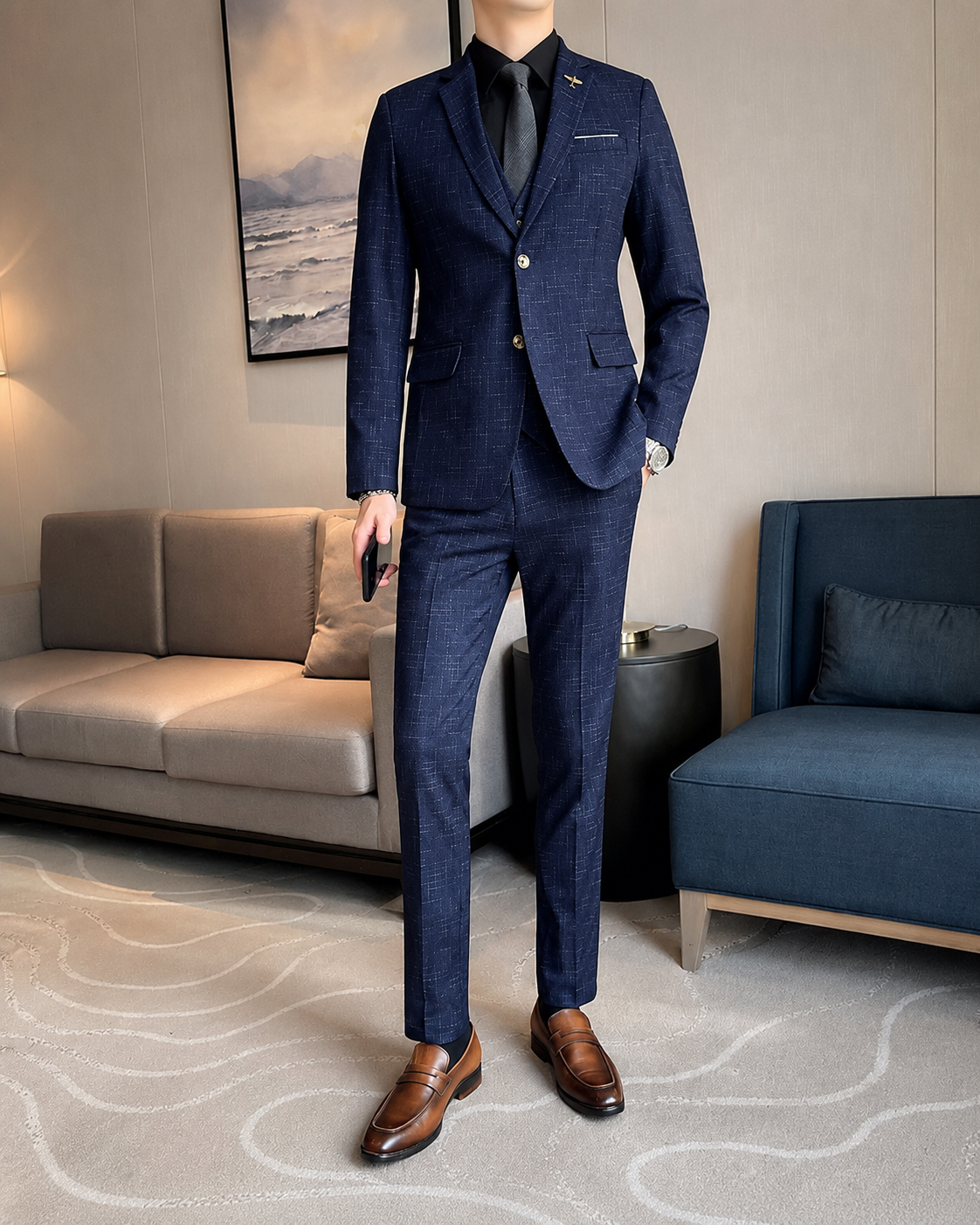 Mode Mesh Plaid Men Tuxedo Three-Piece Suit