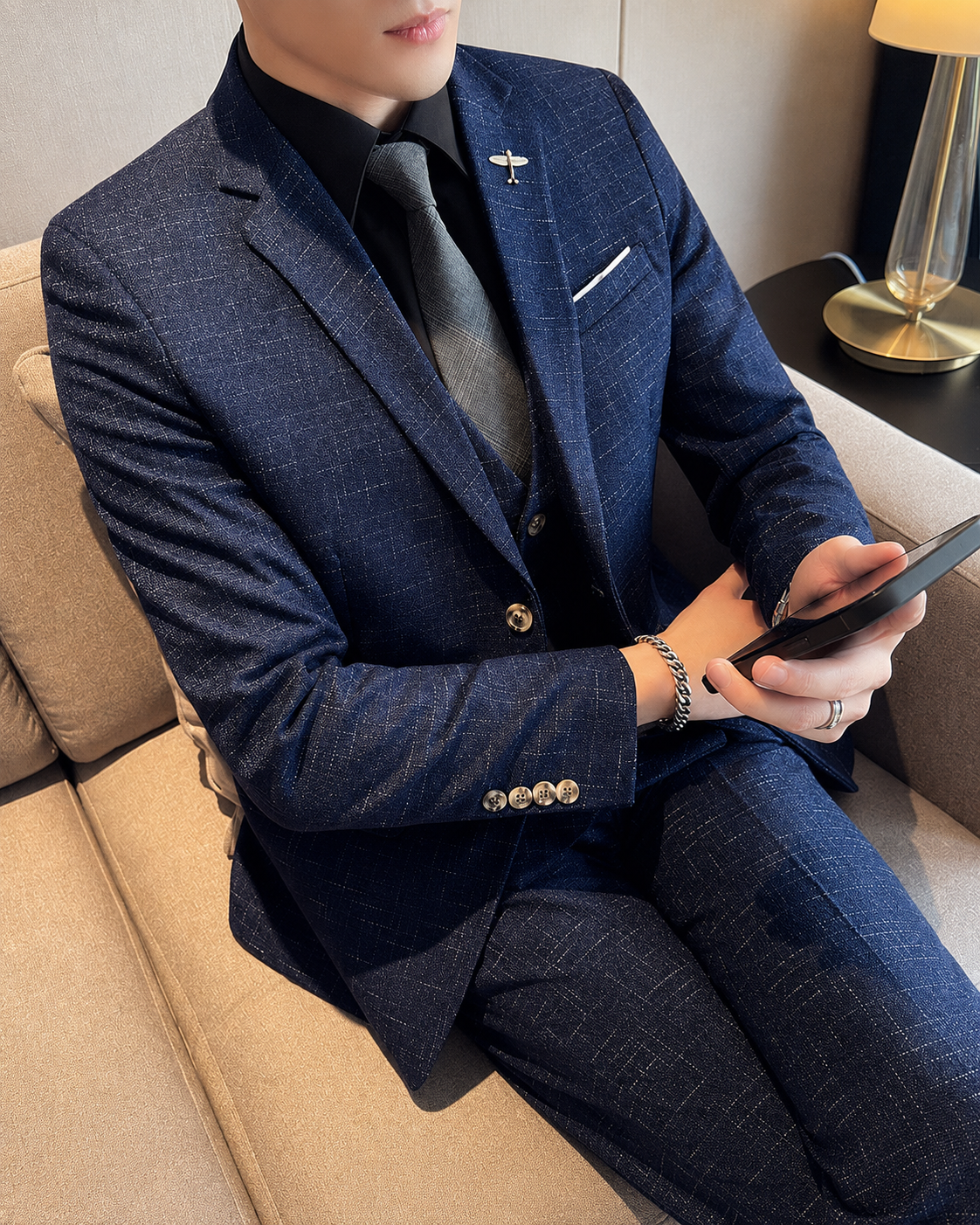 Mode Mesh Plaid Men Tuxedo Three-Piece Suit