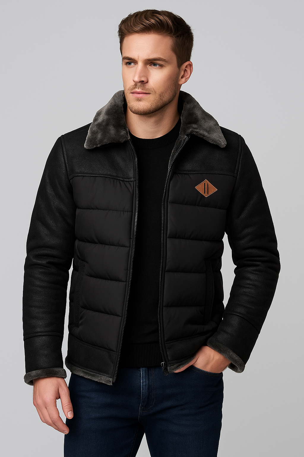 A.1 Chaqueta de moda con solapa integrada de piel para hombre