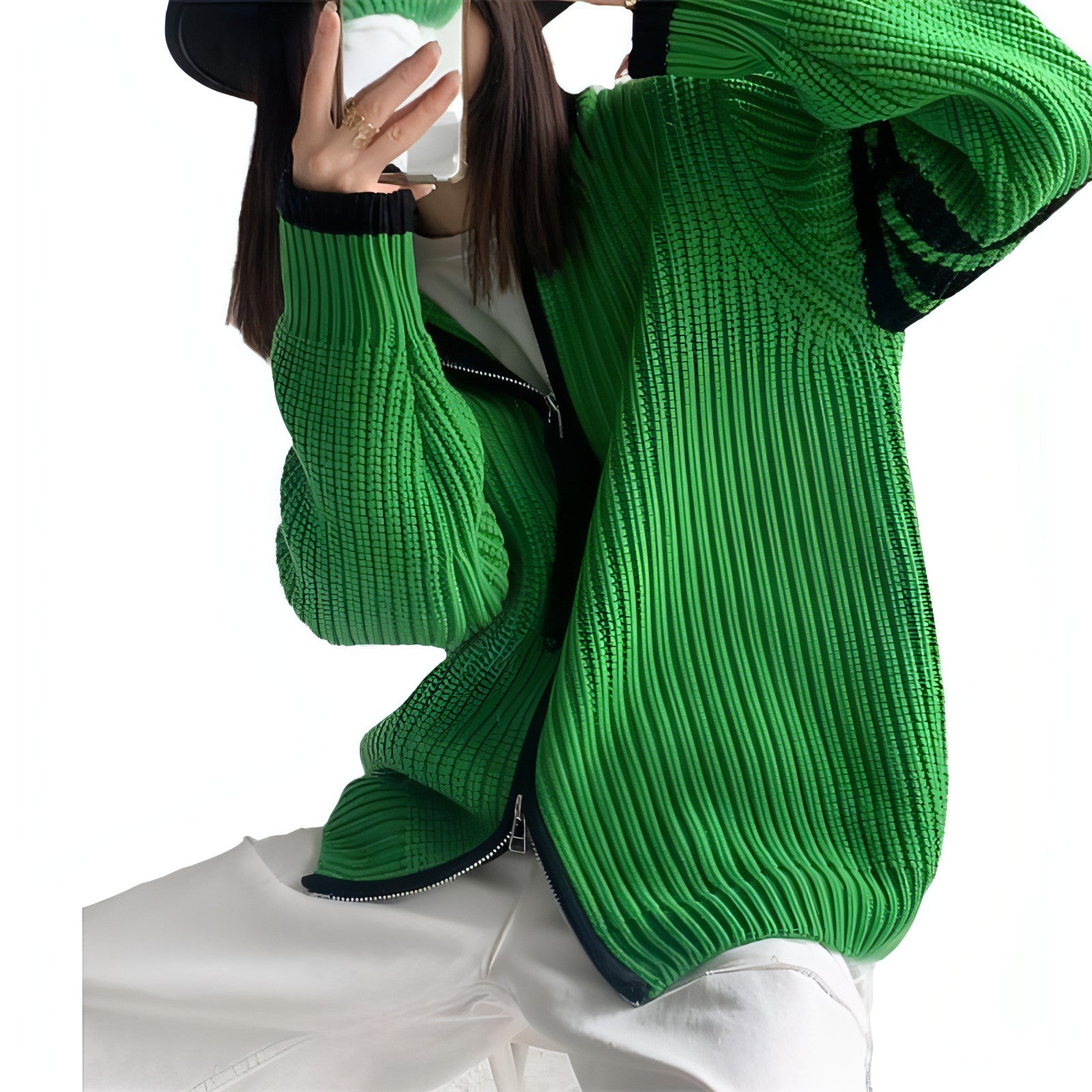 Suéter con cuello alto y cremallera con costuras a rayas de colores en contraste para mujer
