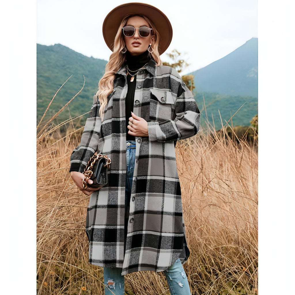 Mantel mit seitlichem Schlitz und Revers, lockere Wolljacke für Damen