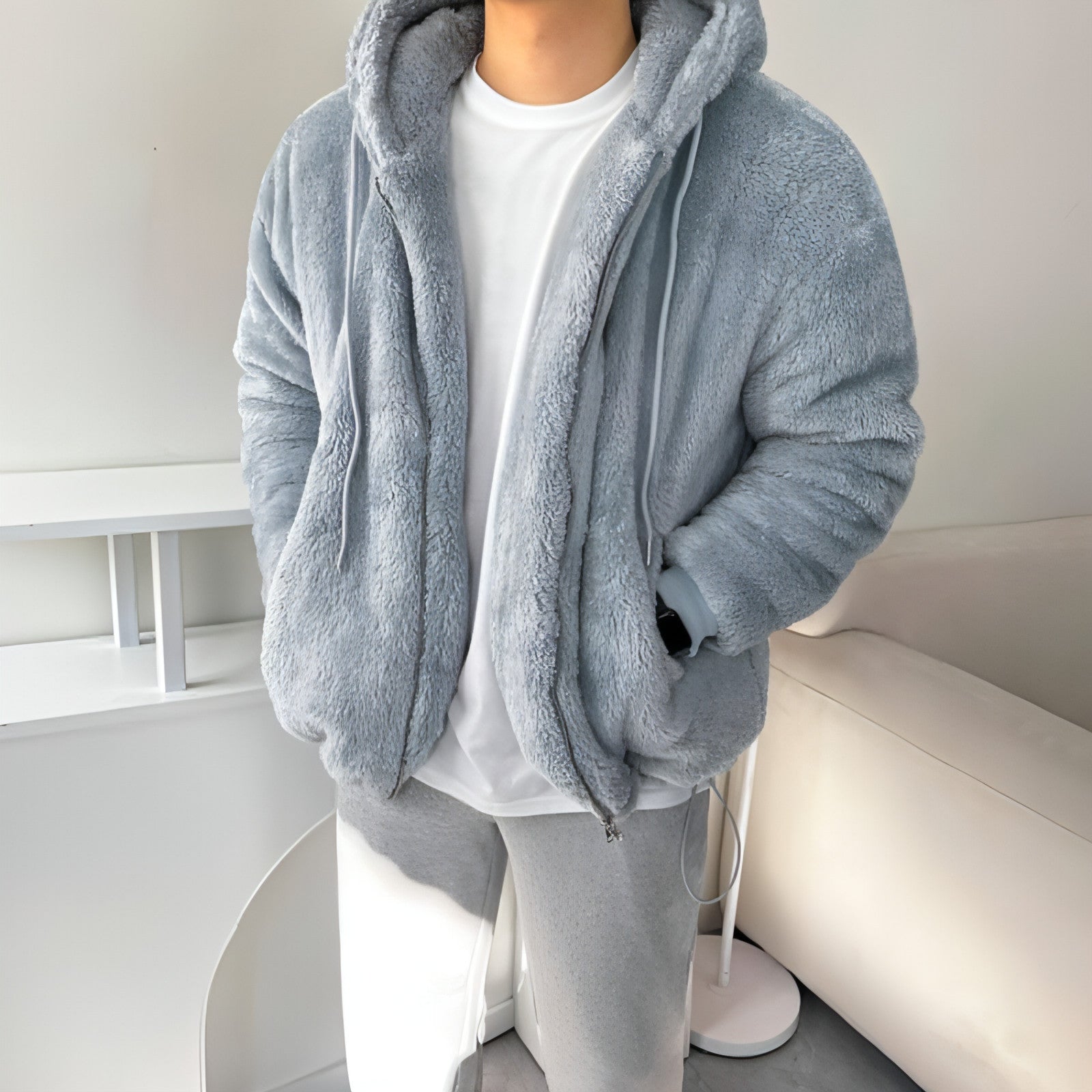 Sudadera con capucha gruesa de lana de cordero holgada y combinable para hombre